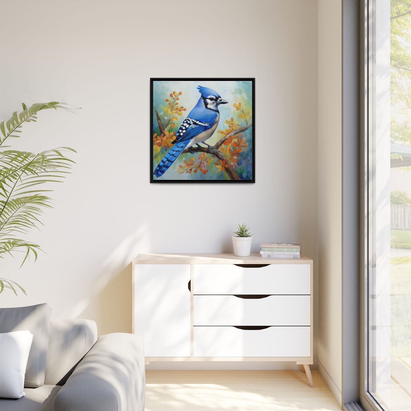 Blue Jay Bird Oil Painting Framed Canvas for Bird Lovers Home Decor, Indoor Wall Art, Wall Print, Bird Art, Living Room Wall Art