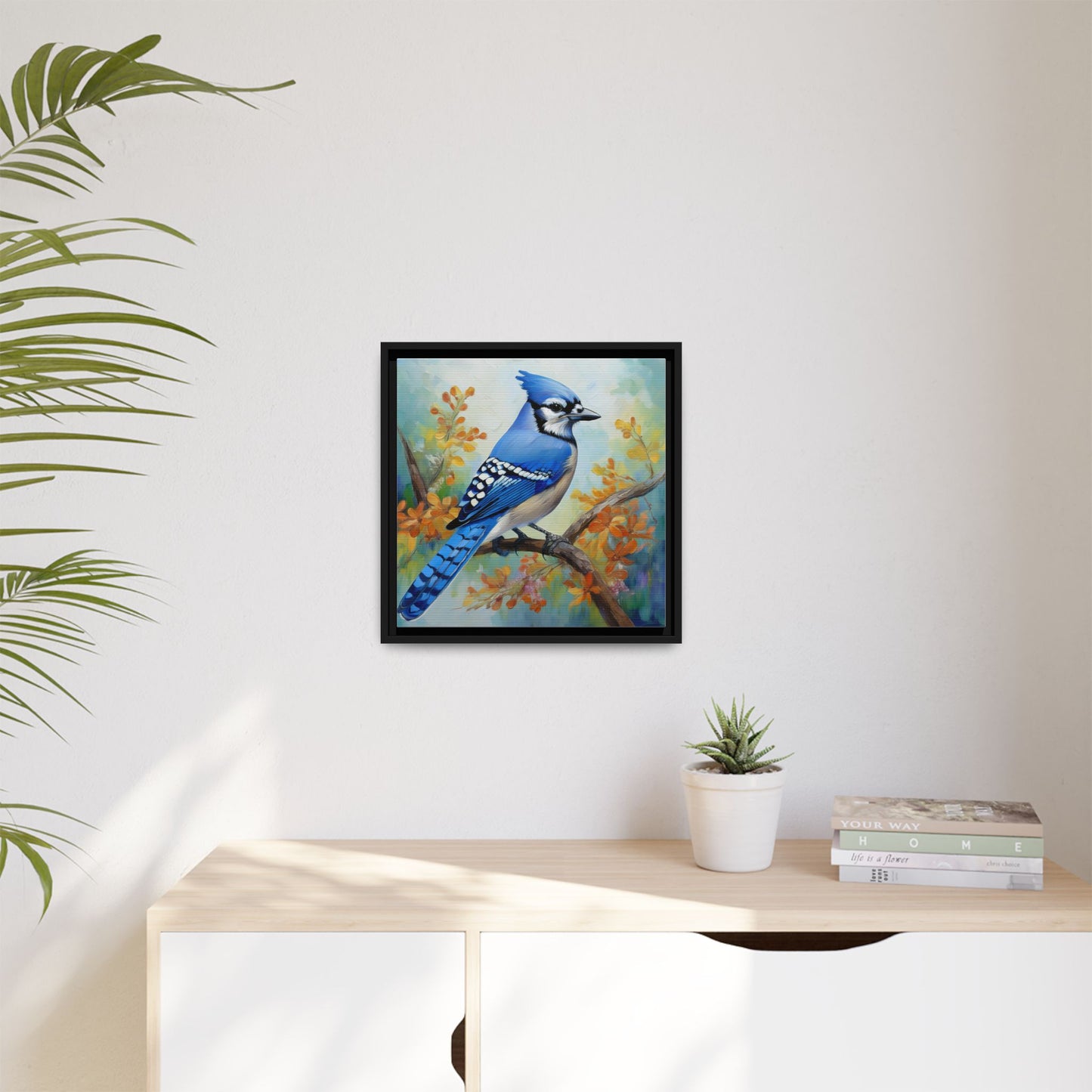 Blue Jay Bird Oil Painting Framed Canvas for Bird Lovers Home Decor, Indoor Wall Art, Wall Print, Bird Art, Living Room Wall Art