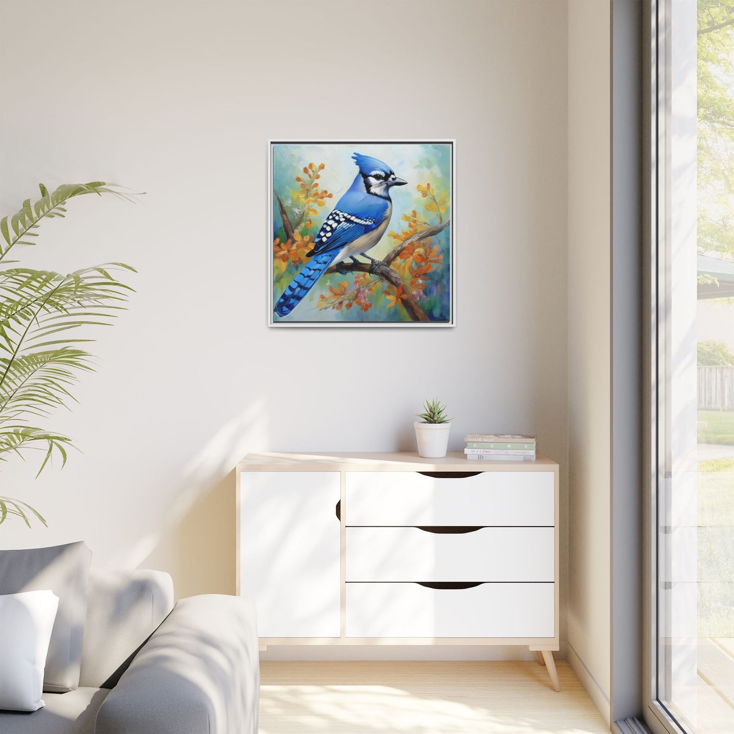 Blue Jay Bird Oil Painting Framed Canvas for Bird Lovers Home Decor, Indoor Wall Art, Wall Print, Bird Art, Living Room Wall Art
