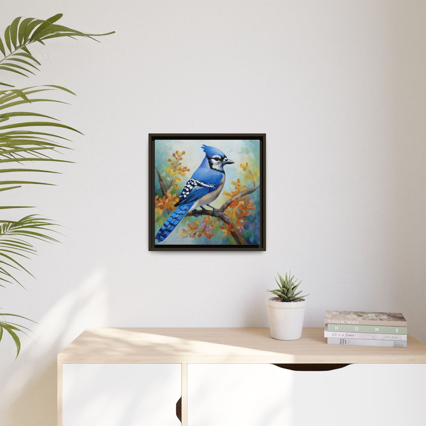 Blue Jay Bird Oil Painting Framed Canvas for Bird Lovers Home Decor, Indoor Wall Art, Wall Print, Bird Art, Living Room Wall Art