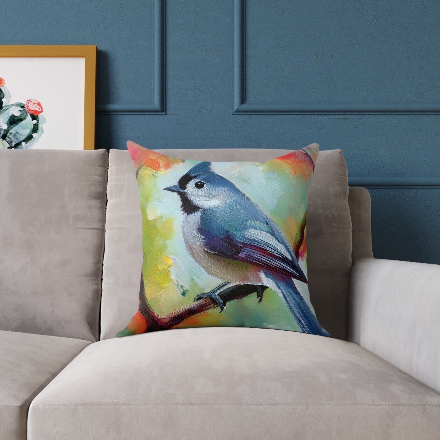 Grey Tufted Titmouse Vibrant Bird Art Throw Pillow, Nature Decor Cushion, Cozy Home Accent, Ideal Gift for Bird Lovers, Living Room or Bedroom Decoration