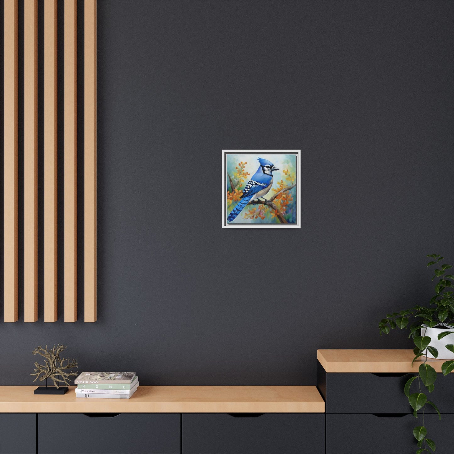 Blue Jay Bird Oil Painting Framed Canvas for Bird Lovers Home Decor, Indoor Wall Art, Wall Print, Bird Art, Living Room Wall Art