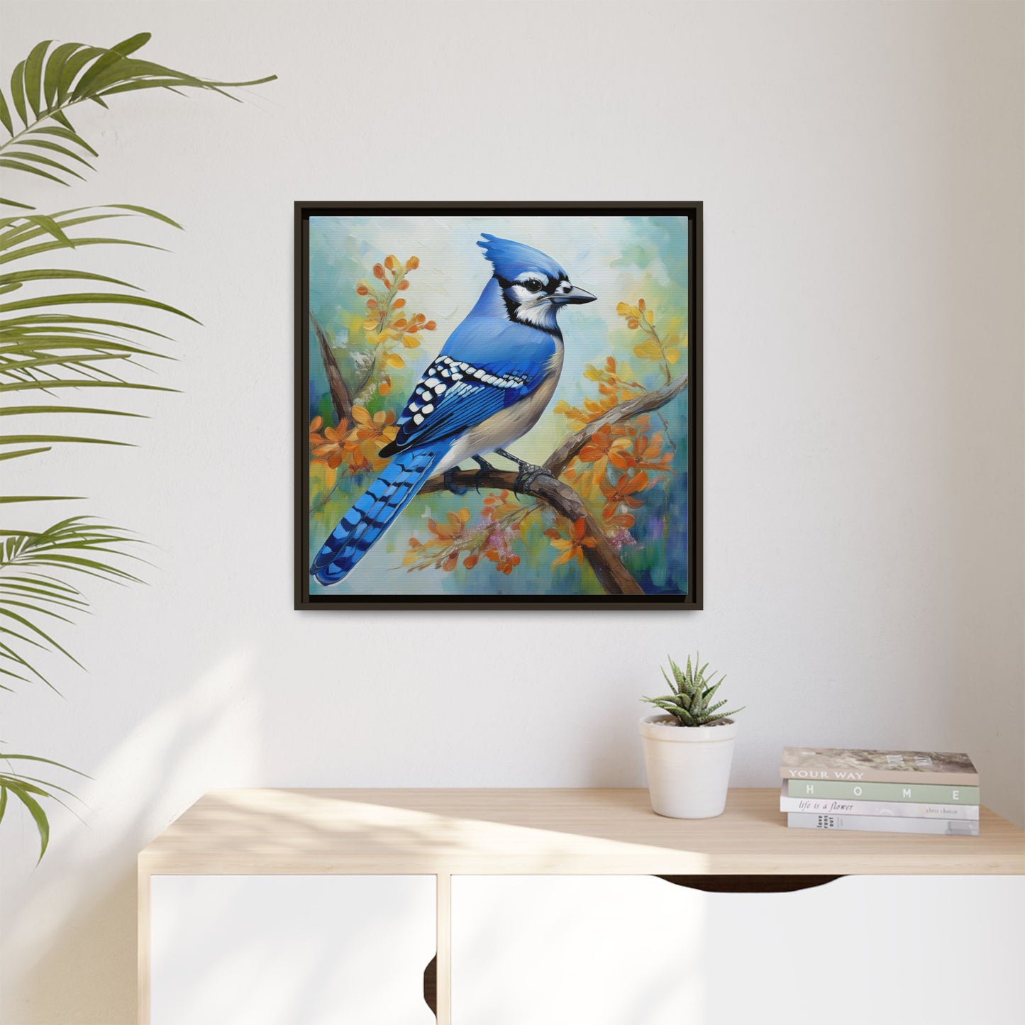 Blue Jay Bird Oil Painting Framed Canvas for Bird Lovers Home Decor, Indoor Wall Art, Wall Print, Bird Art, Living Room Wall Art