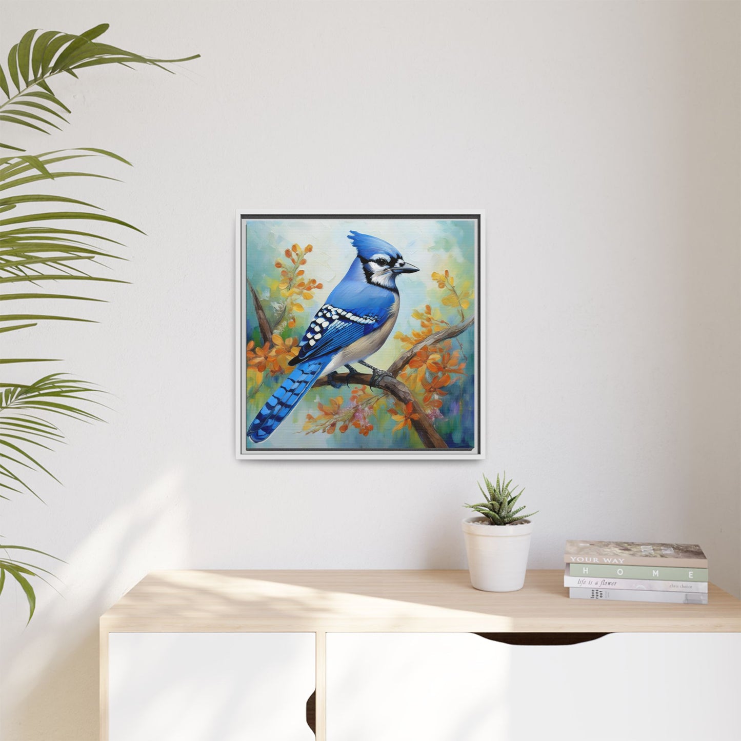 Blue Jay Bird Oil Painting Framed Canvas for Bird Lovers Home Decor, Indoor Wall Art, Wall Print, Bird Art, Living Room Wall Art