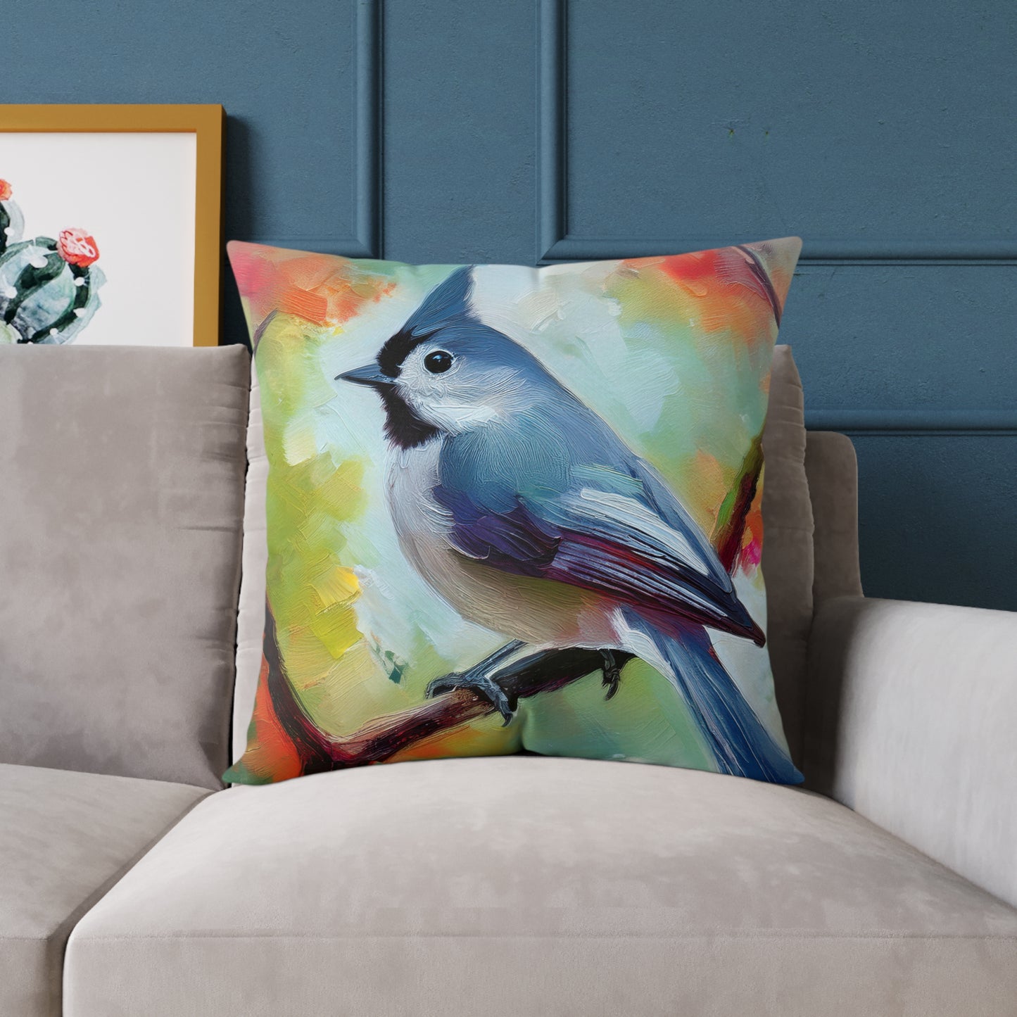 Grey Tufted Titmouse Vibrant Bird Art Throw Pillow, Nature Decor Cushion, Cozy Home Accent, Ideal Gift for Bird Lovers, Living Room or Bedroom Decoration