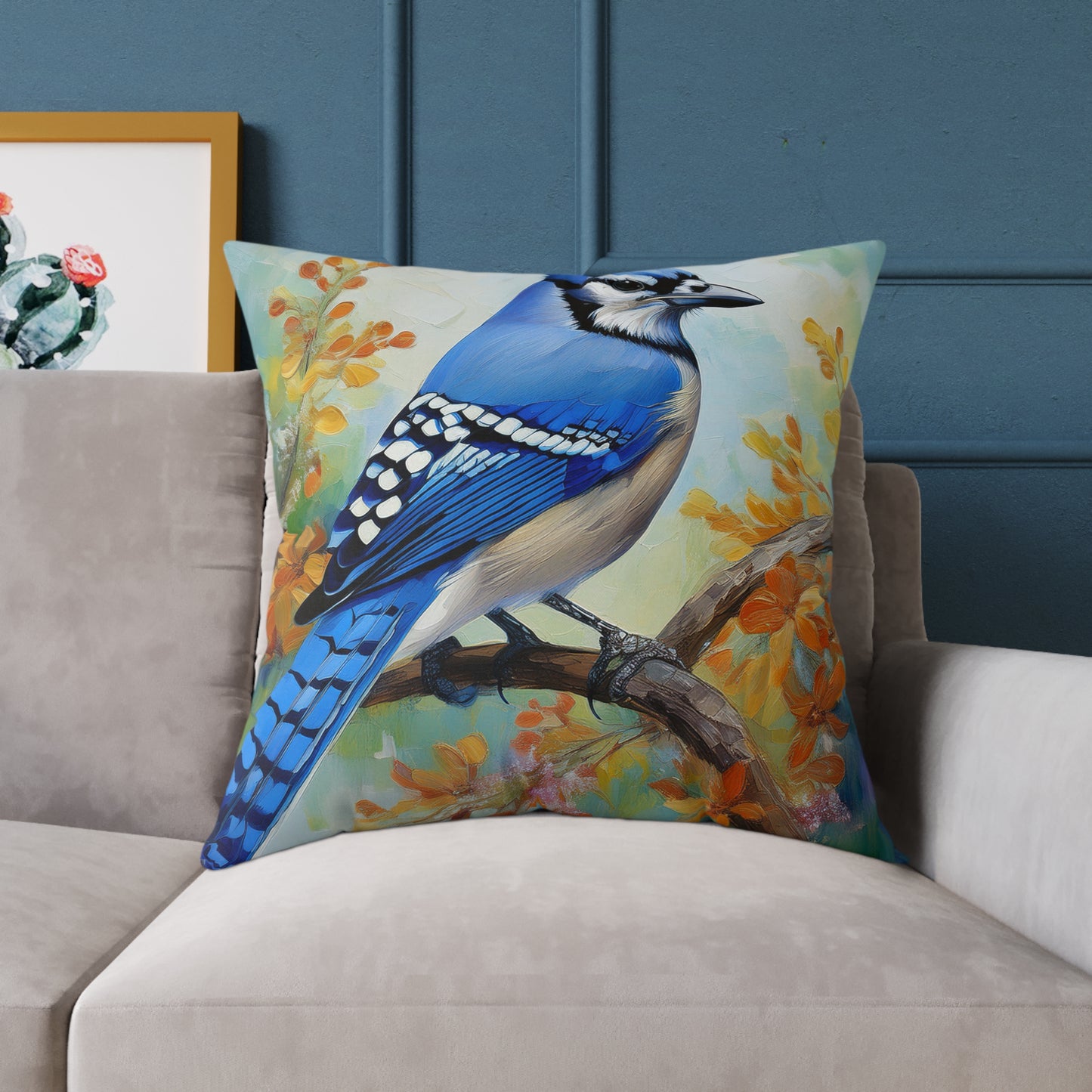 Vibrant Blue Jay Bird Throw Pillow, Nature Decor, Home Accent, Gift for Bird Lovers, Cozy Living Room Cushion