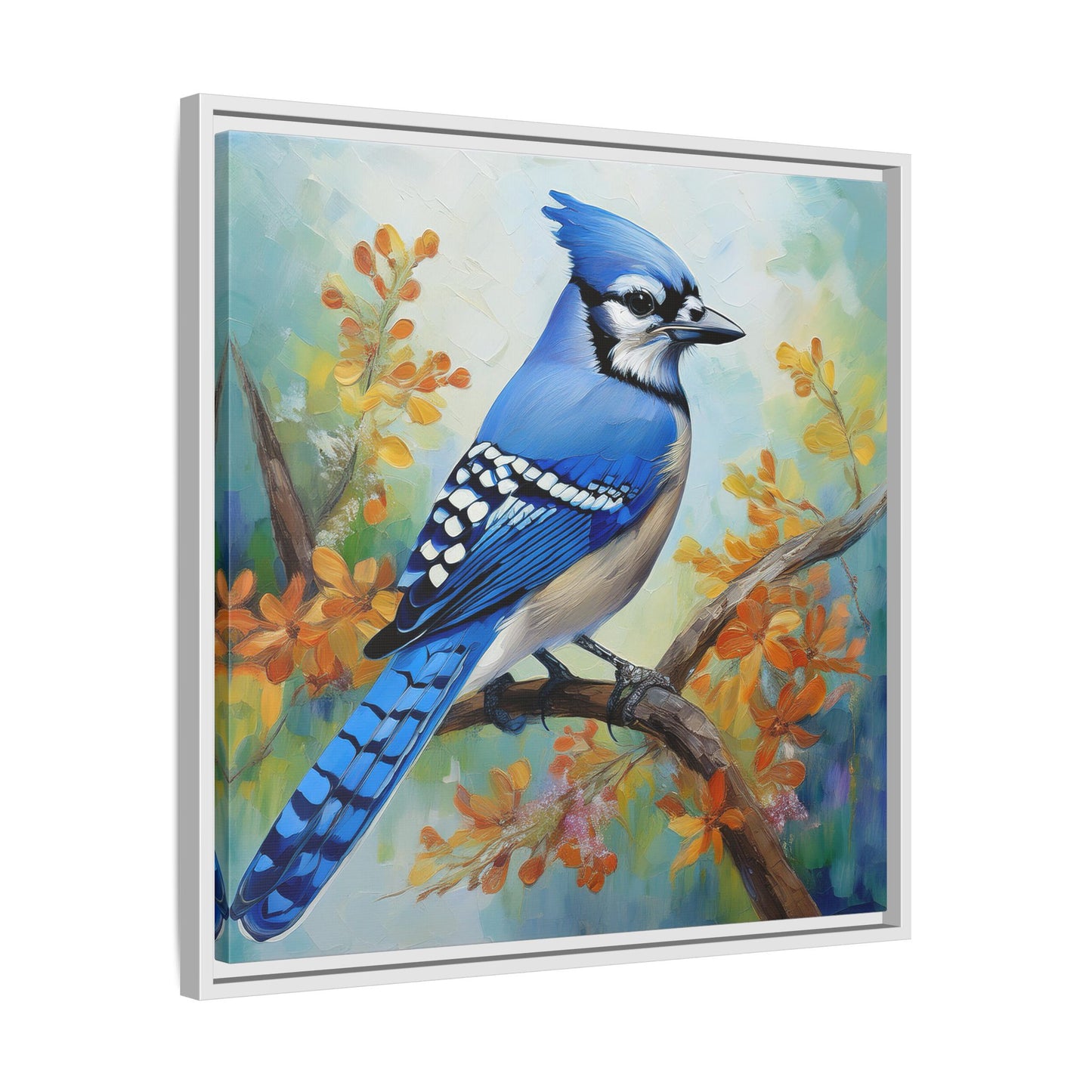Blue Jay Bird Oil Painting Framed Canvas for Bird Lovers Home Decor, Indoor Wall Art, Wall Print, Bird Art, Living Room Wall Art
