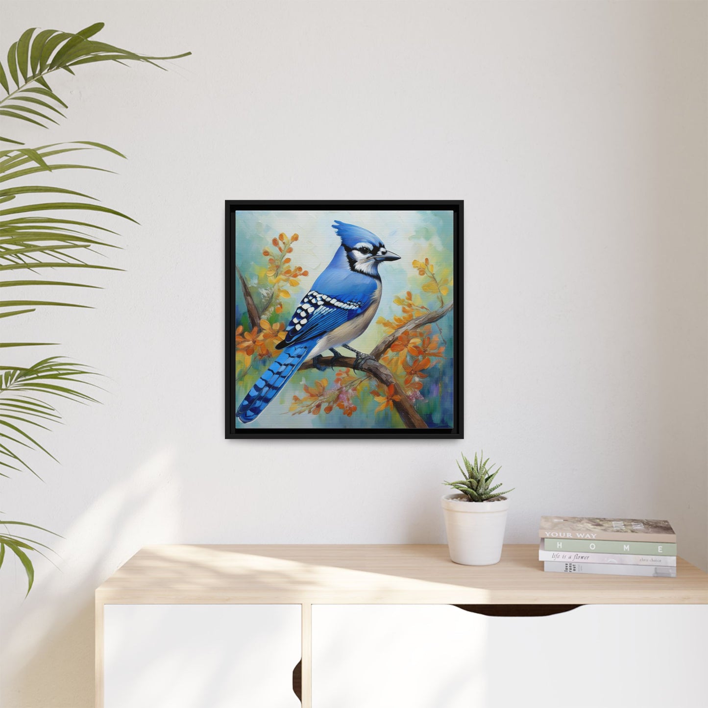 Blue Jay Bird Oil Painting Framed Canvas for Bird Lovers Home Decor, Indoor Wall Art, Wall Print, Bird Art, Living Room Wall Art