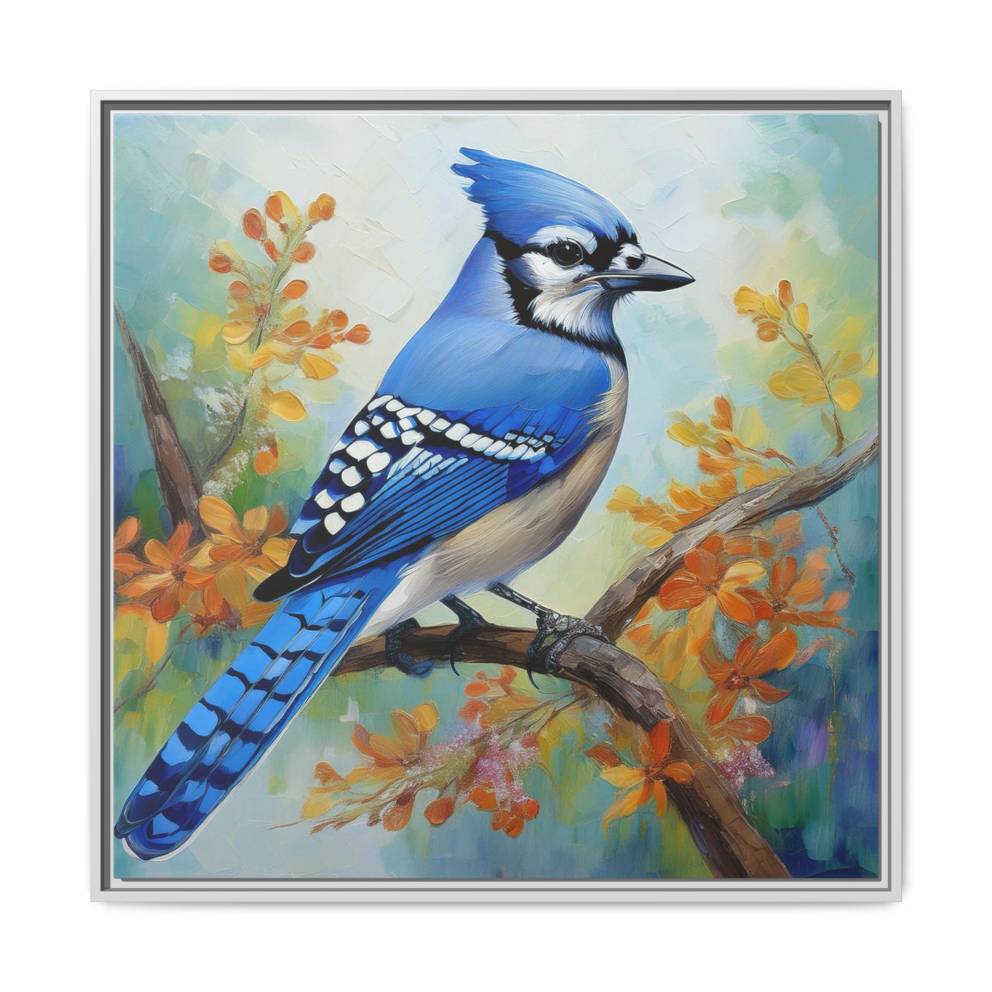 Blue Jay Bird Oil Painting Framed Canvas for Bird Lovers Home Decor, Indoor Wall Art, Wall Print, Bird Art, Living Room Wall Art