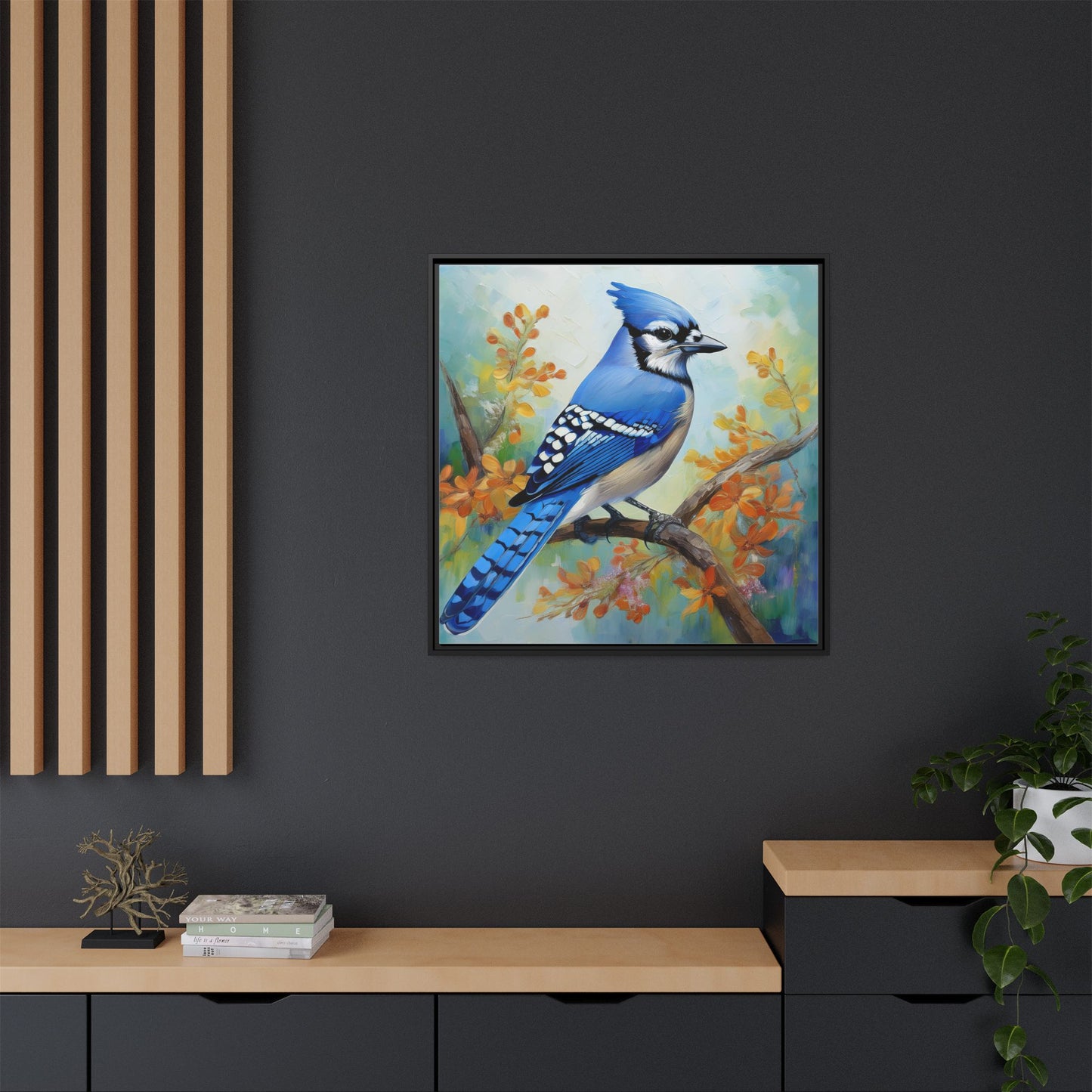 Blue Jay Bird Oil Painting Framed Canvas for Bird Lovers Home Decor, Indoor Wall Art, Wall Print, Bird Art, Living Room Wall Art