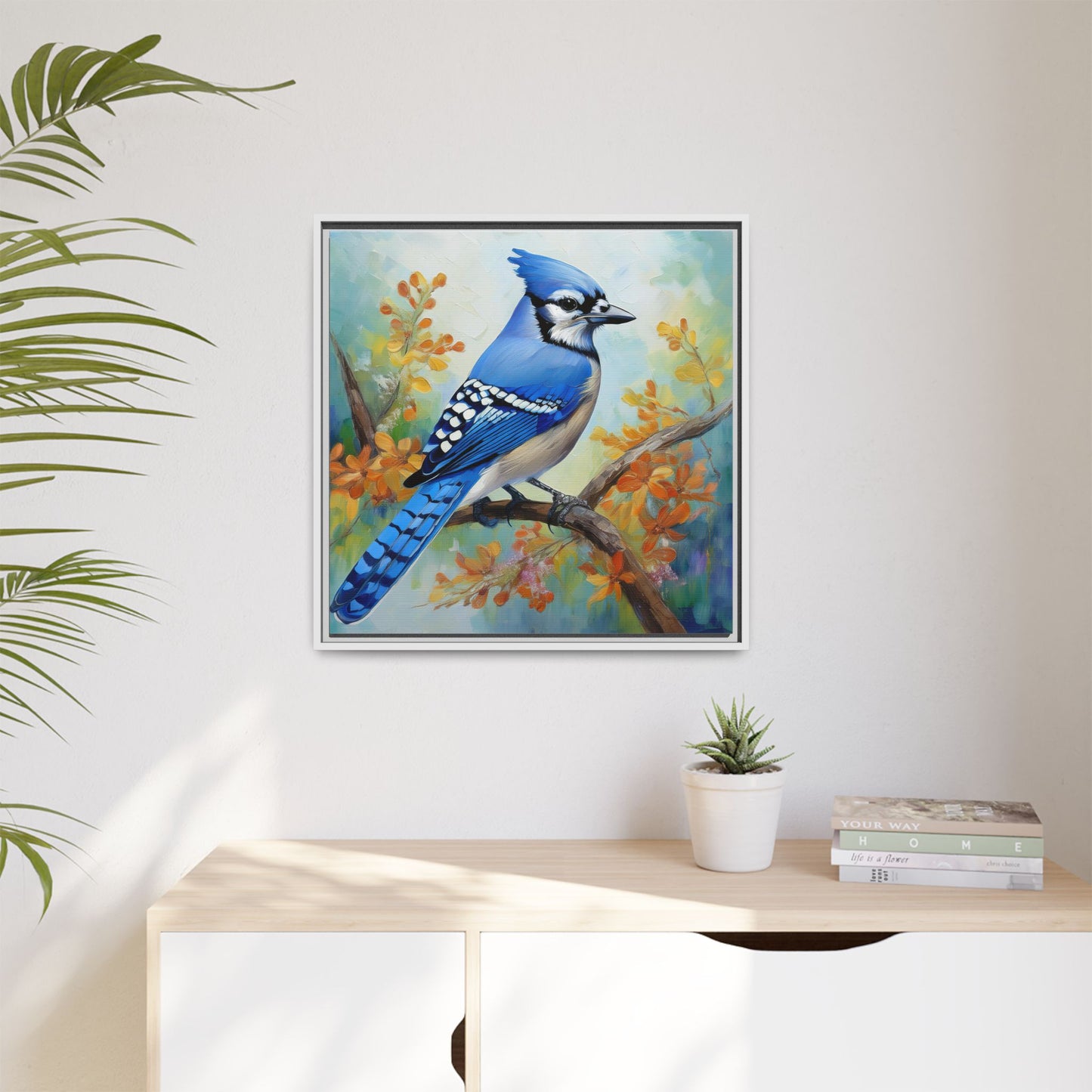 Blue Jay Bird Oil Painting Framed Canvas for Bird Lovers Home Decor, Indoor Wall Art, Wall Print, Bird Art, Living Room Wall Art