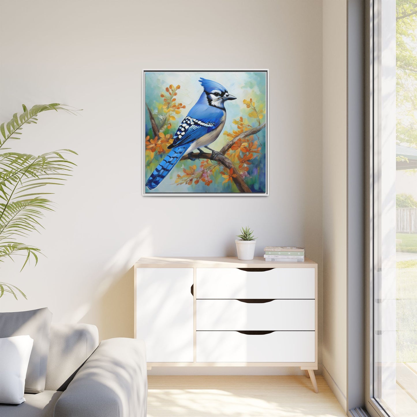 Blue Jay Bird Oil Painting Framed Canvas for Bird Lovers Home Decor, Indoor Wall Art, Wall Print, Bird Art, Living Room Wall Art