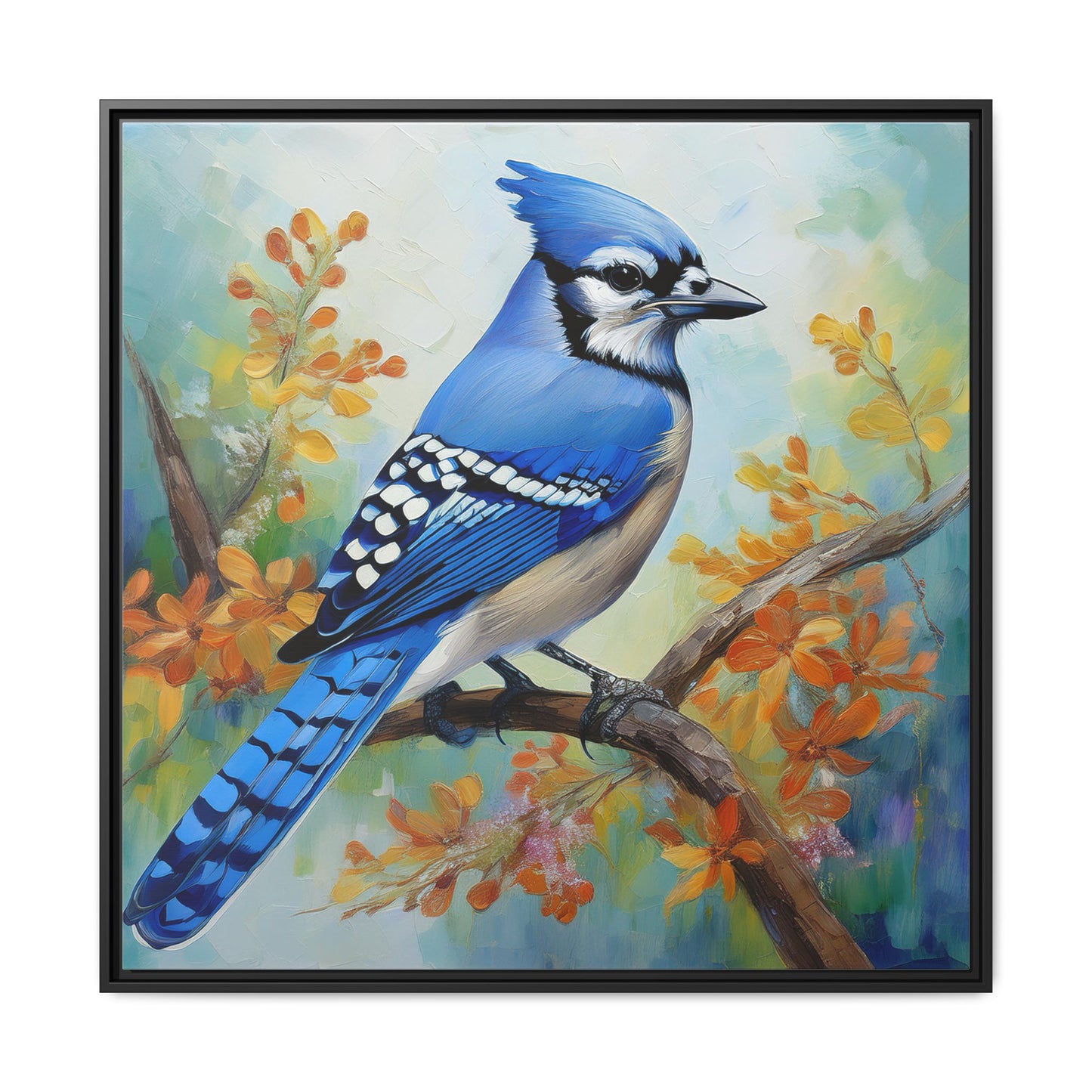 Blue Jay Bird Oil Painting Framed Canvas for Bird Lovers Home Decor, Indoor Wall Art, Wall Print, Bird Art, Living Room Wall Art