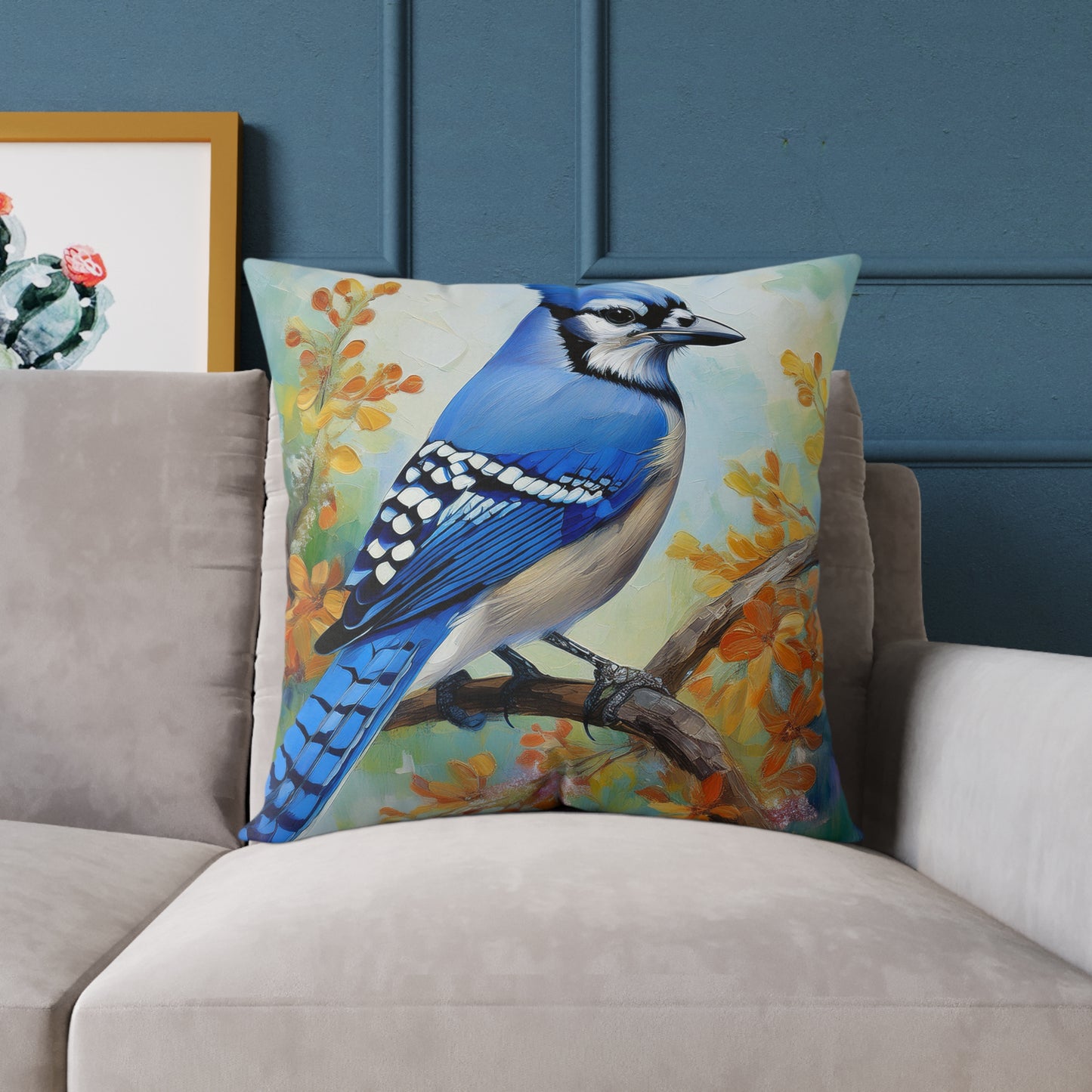 Vibrant Blue Jay Bird Throw Pillow, Nature Decor, Home Accent, Gift for Bird Lovers, Cozy Living Room Cushion