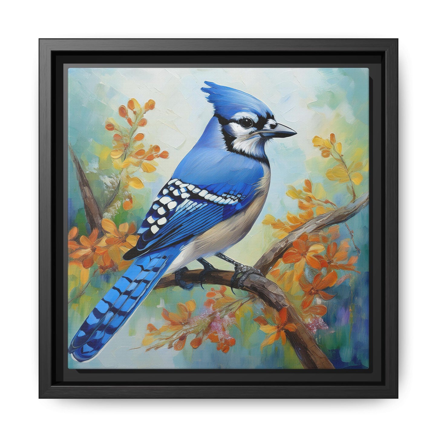 Blue Jay Bird Oil Painting Framed Canvas for Bird Lovers Home Decor, Indoor Wall Art, Wall Print, Bird Art, Living Room Wall Art
