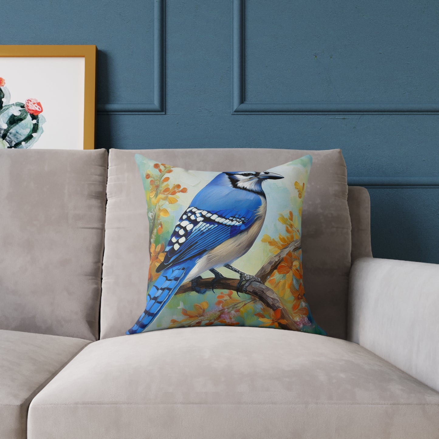Vibrant Blue Jay Bird Throw Pillow, Nature Decor, Home Accent, Gift for Bird Lovers, Cozy Living Room Cushion