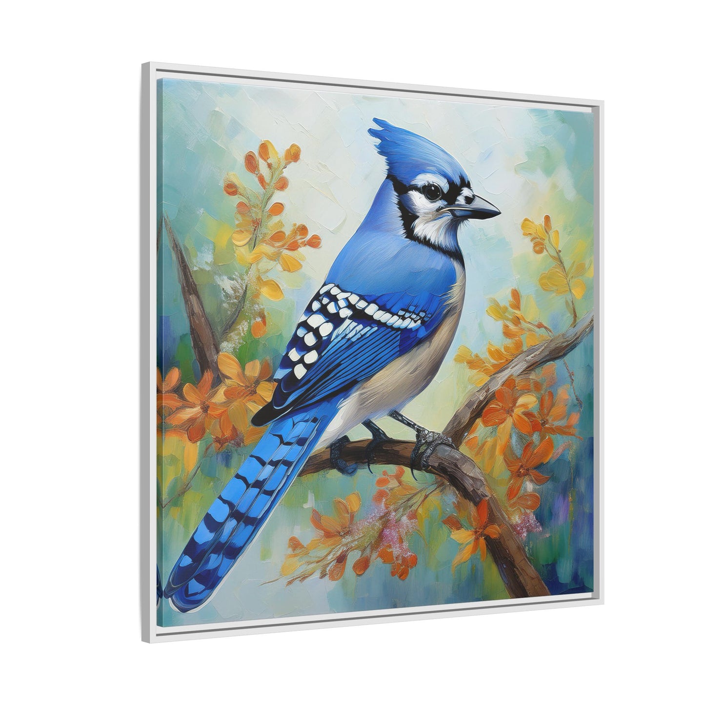 Blue Jay Bird Oil Painting Framed Canvas for Bird Lovers Home Decor, Indoor Wall Art, Wall Print, Bird Art, Living Room Wall Art