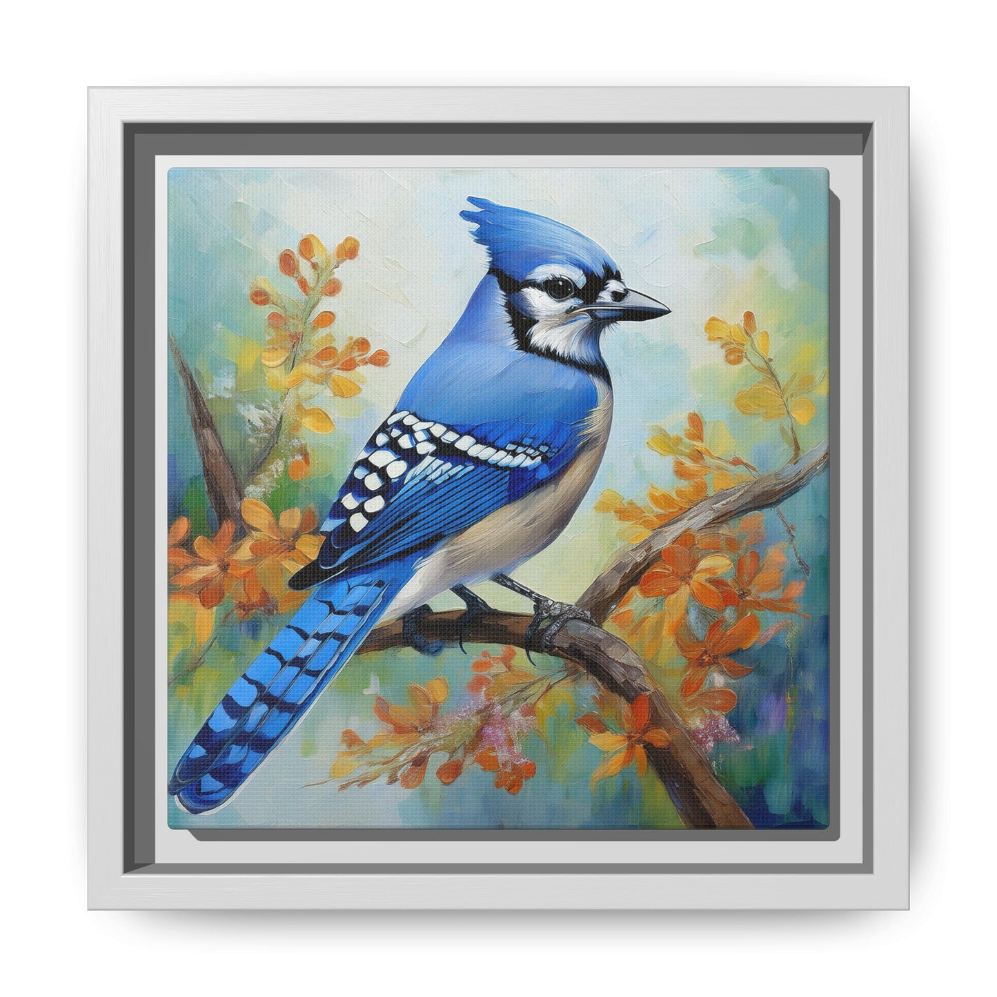 Blue Jay Bird Oil Painting Framed Canvas for Bird Lovers Home Decor, Indoor Wall Art, Wall Print, Bird Art, Living Room Wall Art