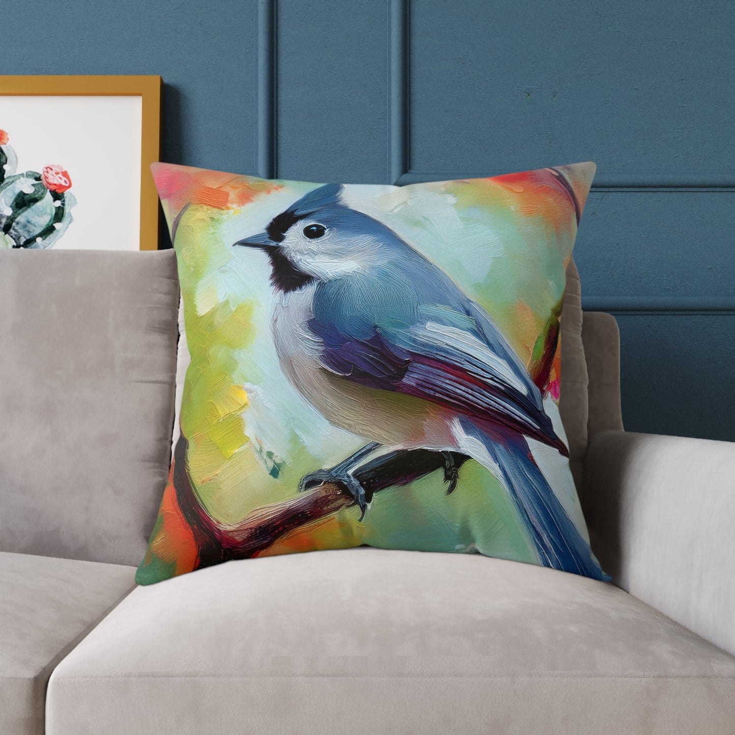 Grey Tufted Titmouse Vibrant Bird Art Throw Pillow, Nature Decor Cushion, Cozy Home Accent, Ideal Gift for Bird Lovers, Living Room or Bedroom Decoration