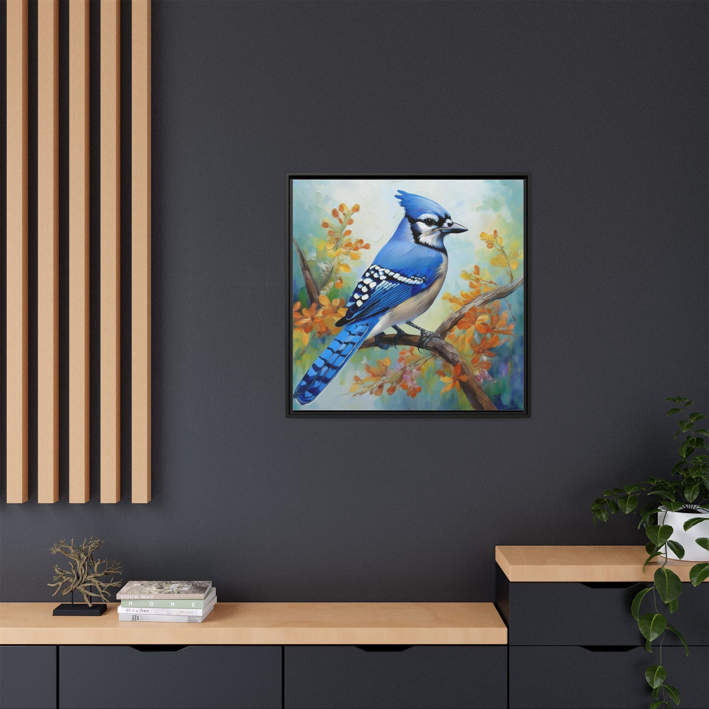 Blue Jay Bird Oil Painting Framed Canvas for Bird Lovers Home Decor, Indoor Wall Art, Wall Print, Bird Art, Living Room Wall Art