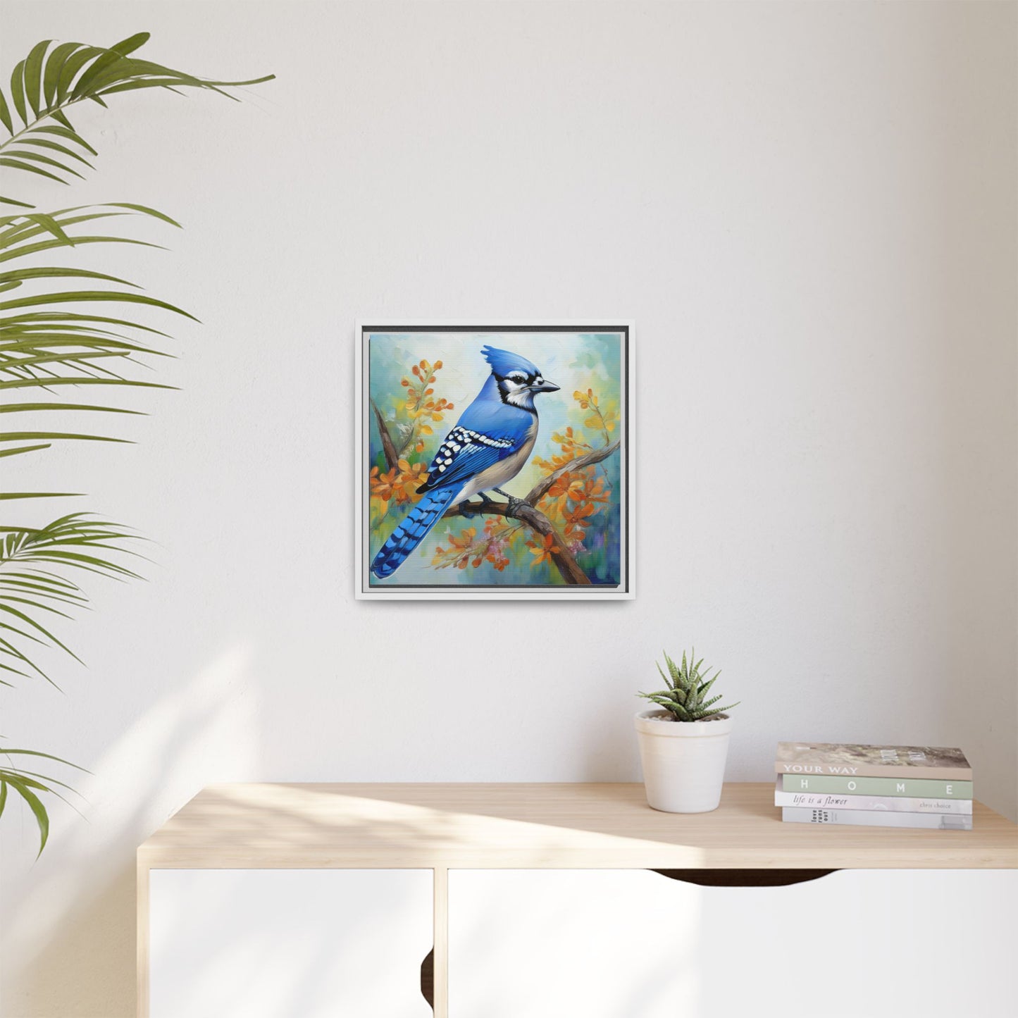 Blue Jay Bird Oil Painting Framed Canvas for Bird Lovers Home Decor, Indoor Wall Art, Wall Print, Bird Art, Living Room Wall Art