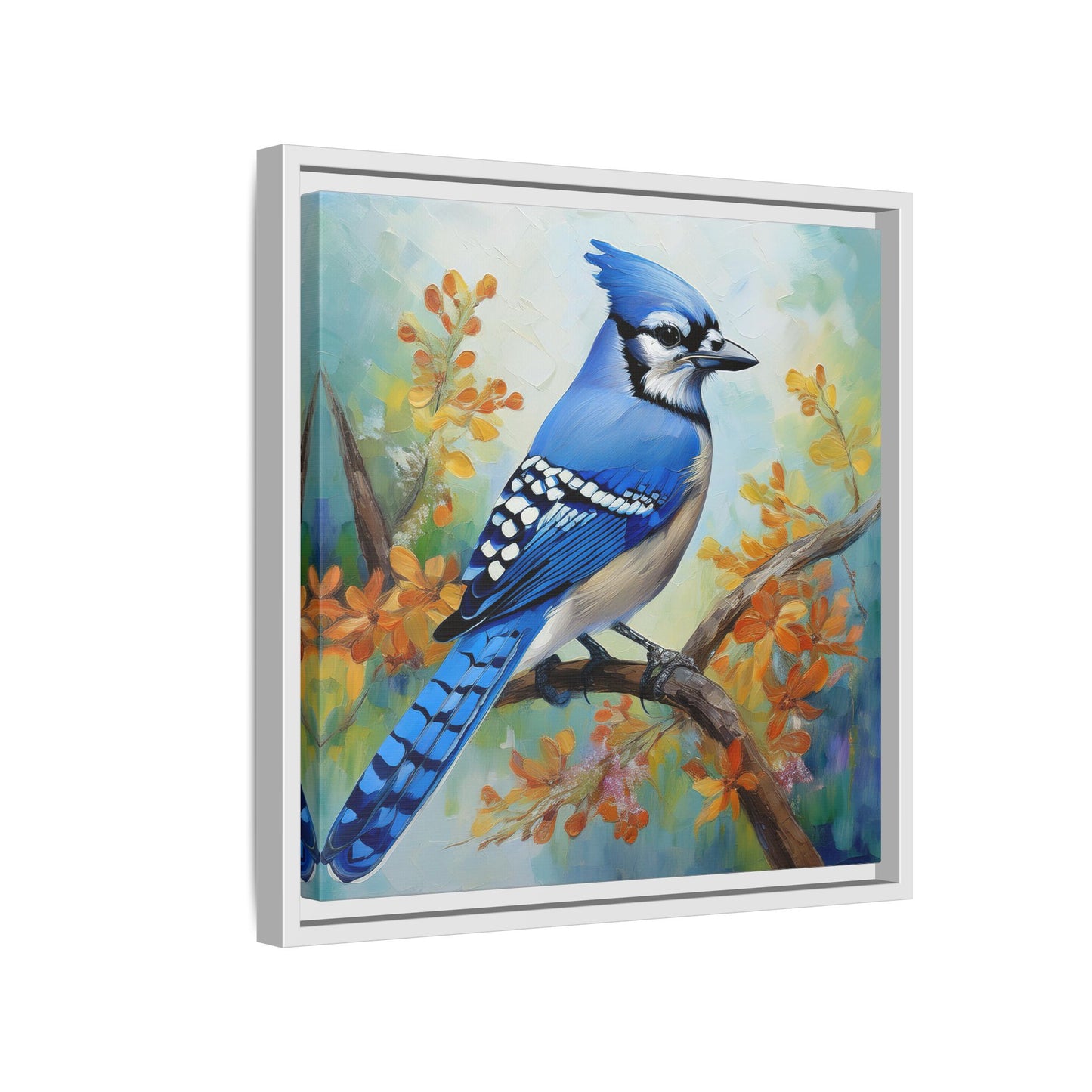 Blue Jay Bird Oil Painting Framed Canvas for Bird Lovers Home Decor, Indoor Wall Art, Wall Print, Bird Art, Living Room Wall Art