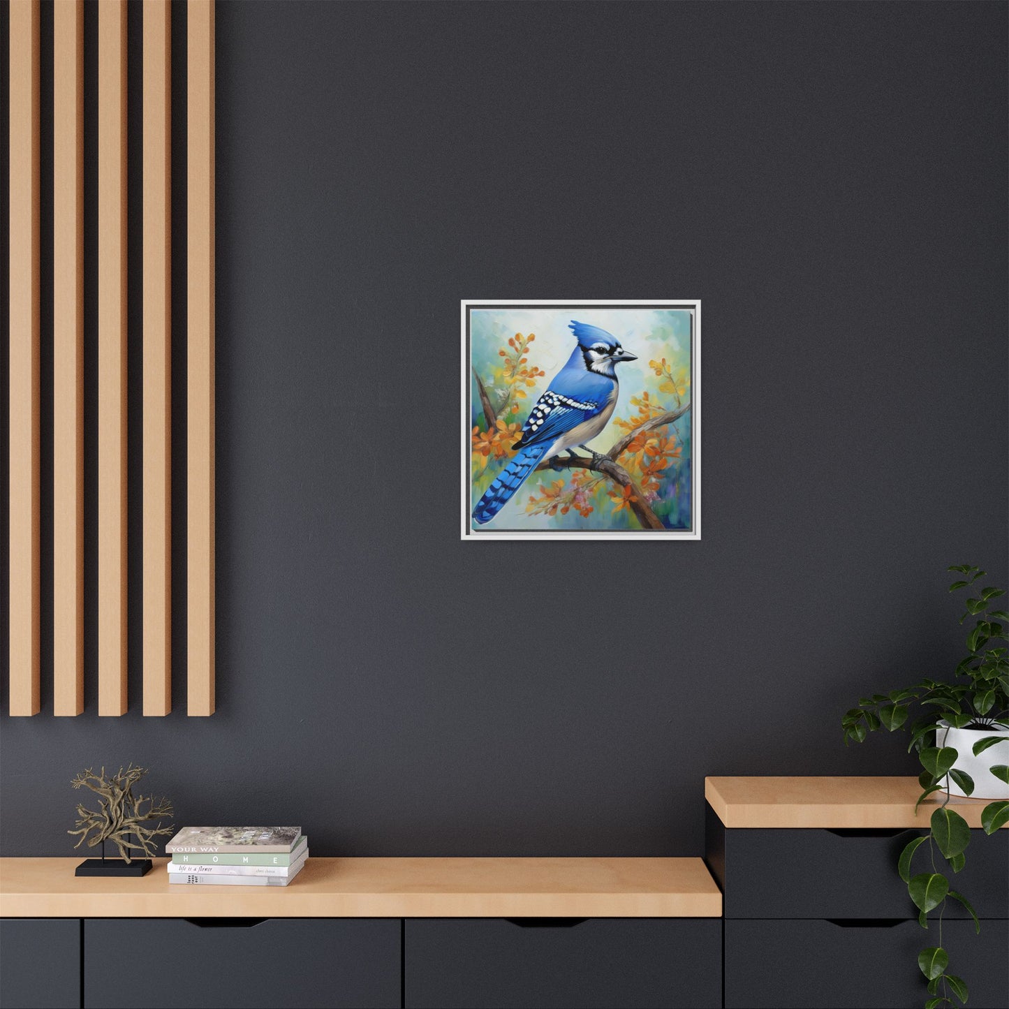 Blue Jay Bird Oil Painting Framed Canvas for Bird Lovers Home Decor, Indoor Wall Art, Wall Print, Bird Art, Living Room Wall Art