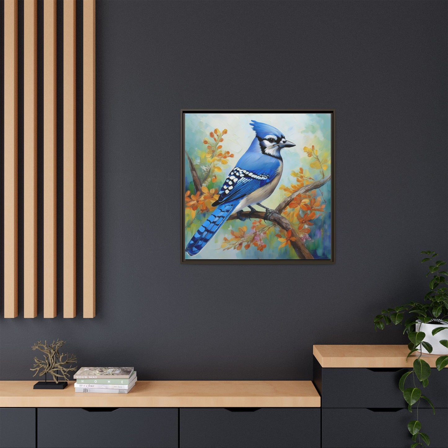 Blue Jay Bird Oil Painting Framed Canvas for Bird Lovers Home Decor, Indoor Wall Art, Wall Print, Bird Art, Living Room Wall Art