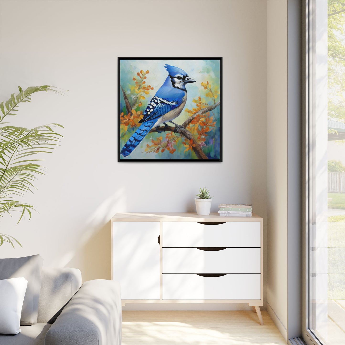 Blue Jay Bird Oil Painting Framed Canvas for Bird Lovers Home Decor, Indoor Wall Art, Wall Print, Bird Art, Living Room Wall Art