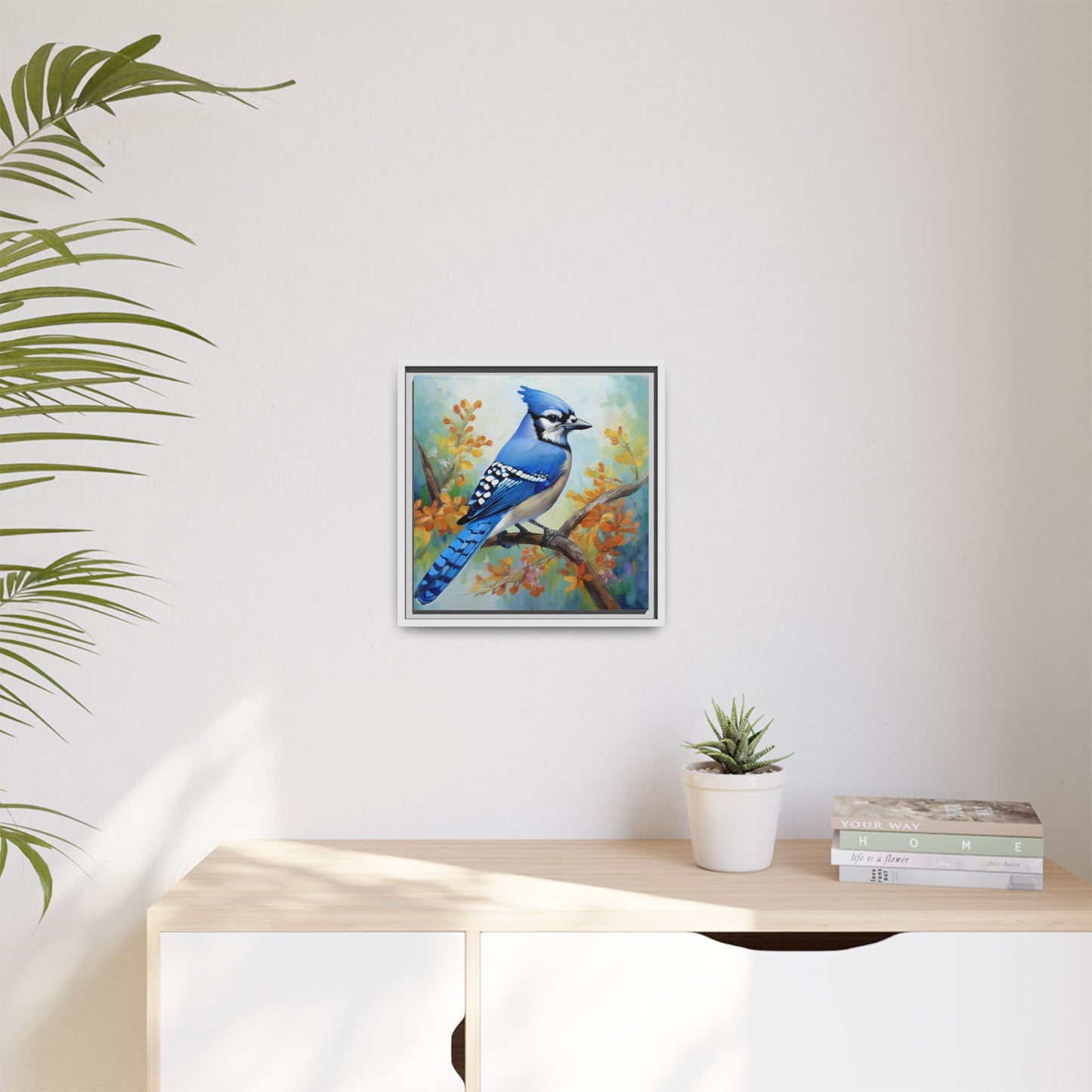 Blue Jay Bird Oil Painting Framed Canvas for Bird Lovers Home Decor, Indoor Wall Art, Wall Print, Bird Art, Living Room Wall Art