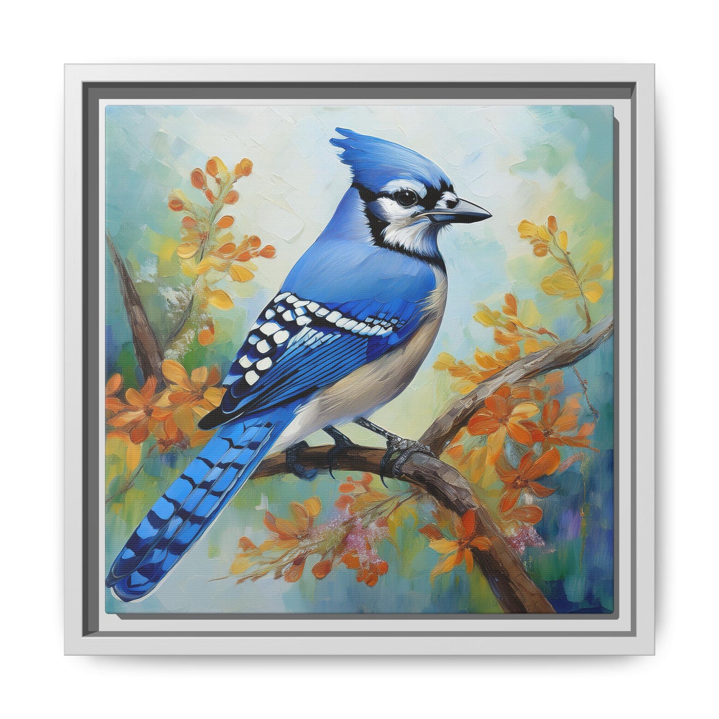 Blue Jay Bird Oil Painting Framed Canvas for Bird Lovers Home Decor, Indoor Wall Art, Wall Print, Bird Art, Living Room Wall Art
