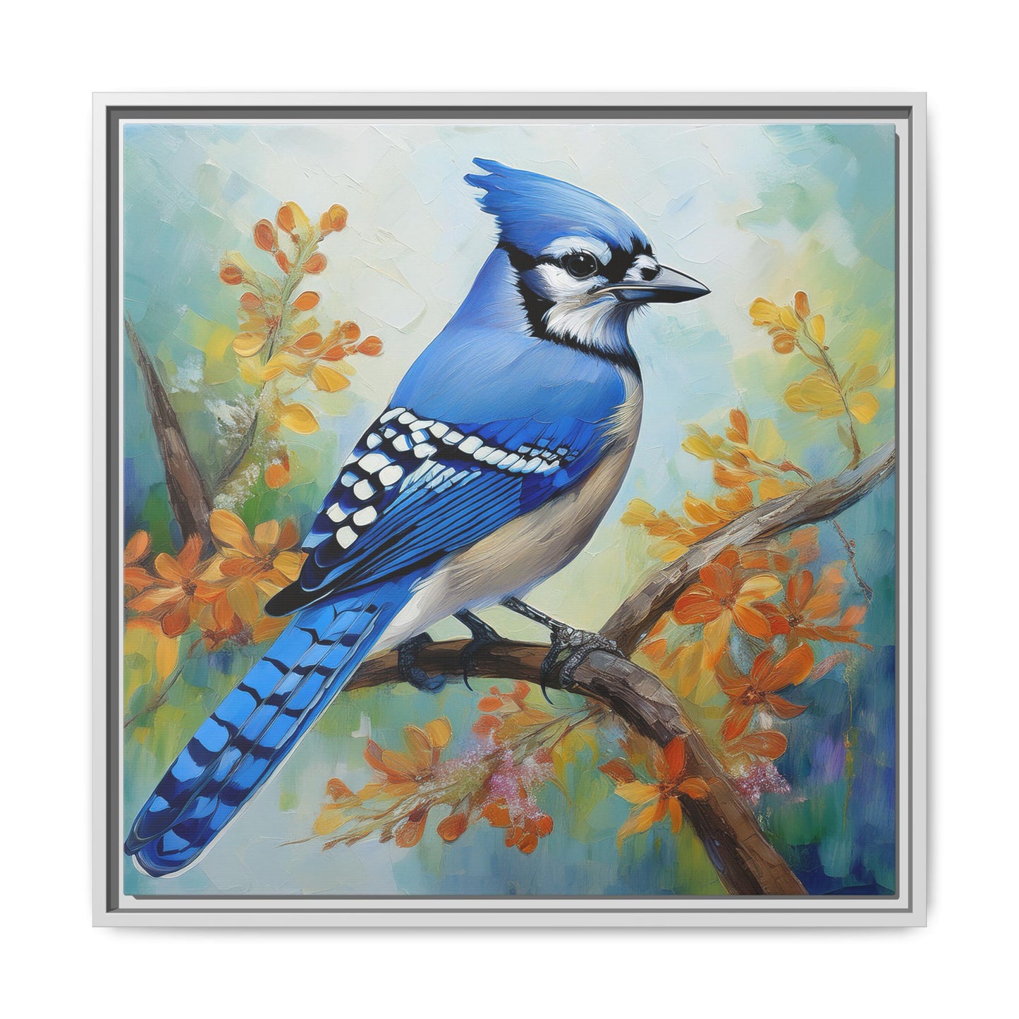 Blue Jay Bird Oil Painting Framed Canvas for Bird Lovers Home Decor, Indoor Wall Art, Wall Print, Bird Art, Living Room Wall Art