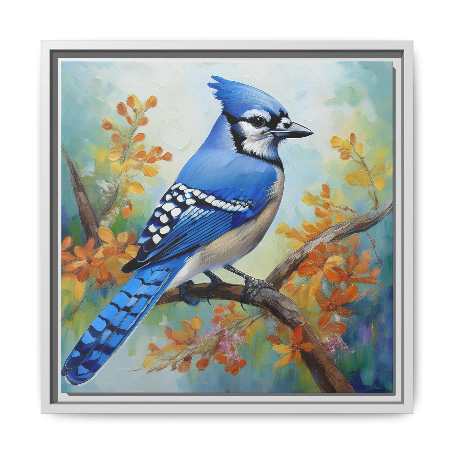 Blue Jay Bird Oil Painting Framed Canvas for Bird Lovers Home Decor, Indoor Wall Art, Wall Print, Bird Art, Living Room Wall Art