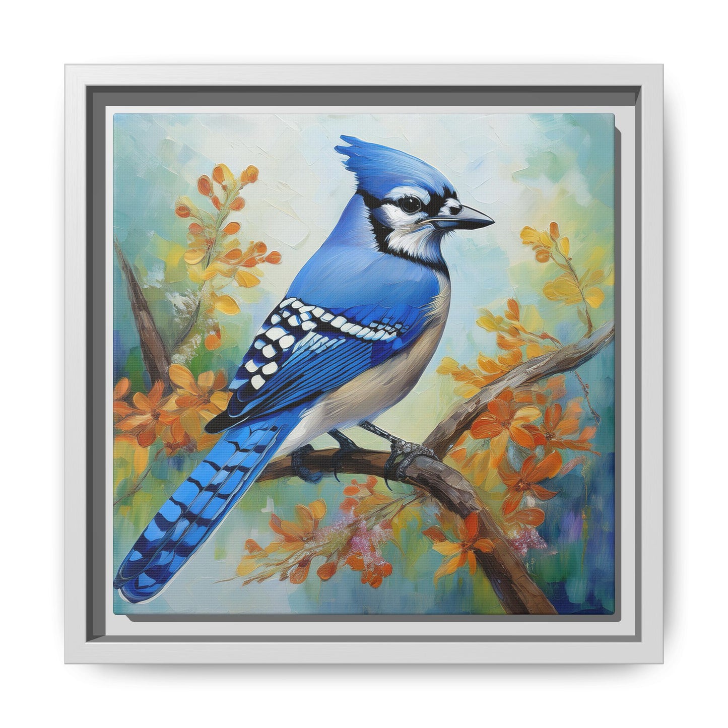 Blue Jay Bird Oil Painting Framed Canvas for Bird Lovers Home Decor, Indoor Wall Art, Wall Print, Bird Art, Living Room Wall Art