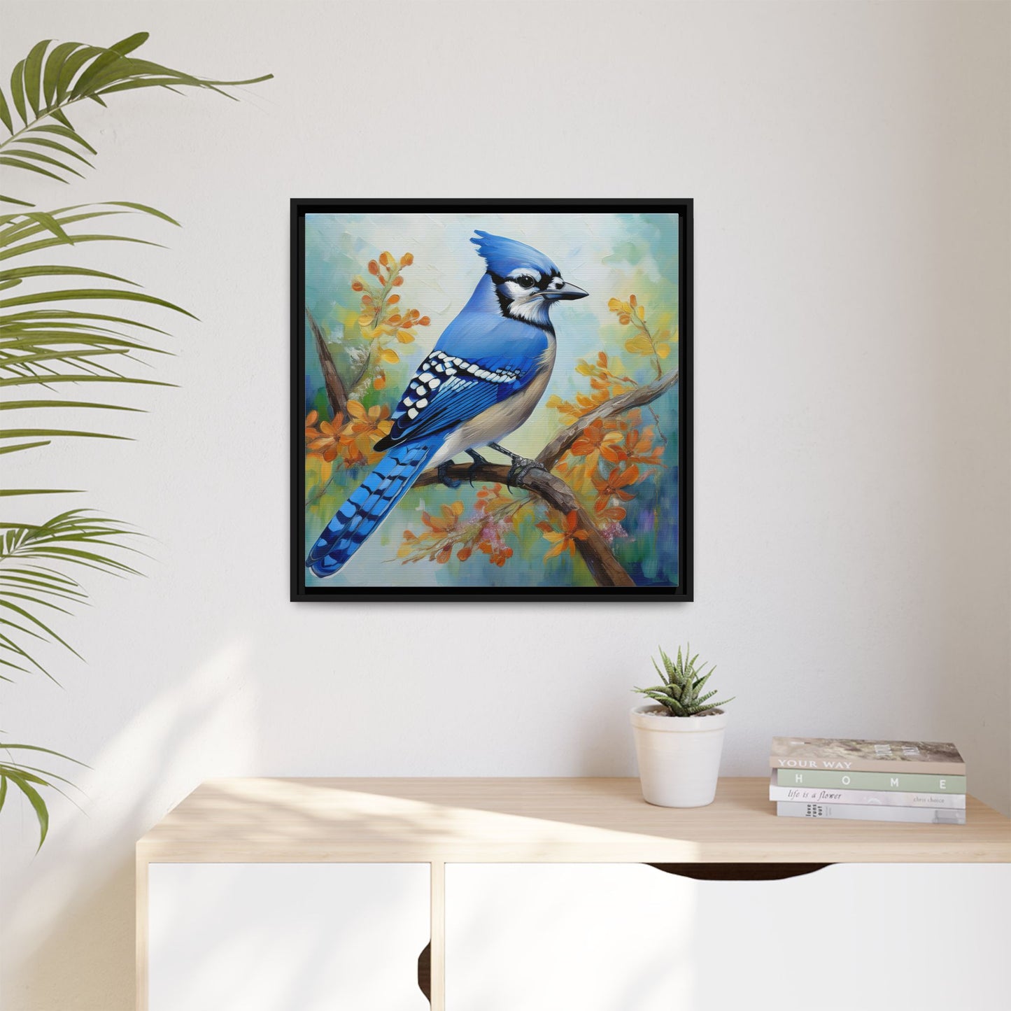 Blue Jay Bird Oil Painting Framed Canvas for Bird Lovers Home Decor, Indoor Wall Art, Wall Print, Bird Art, Living Room Wall Art