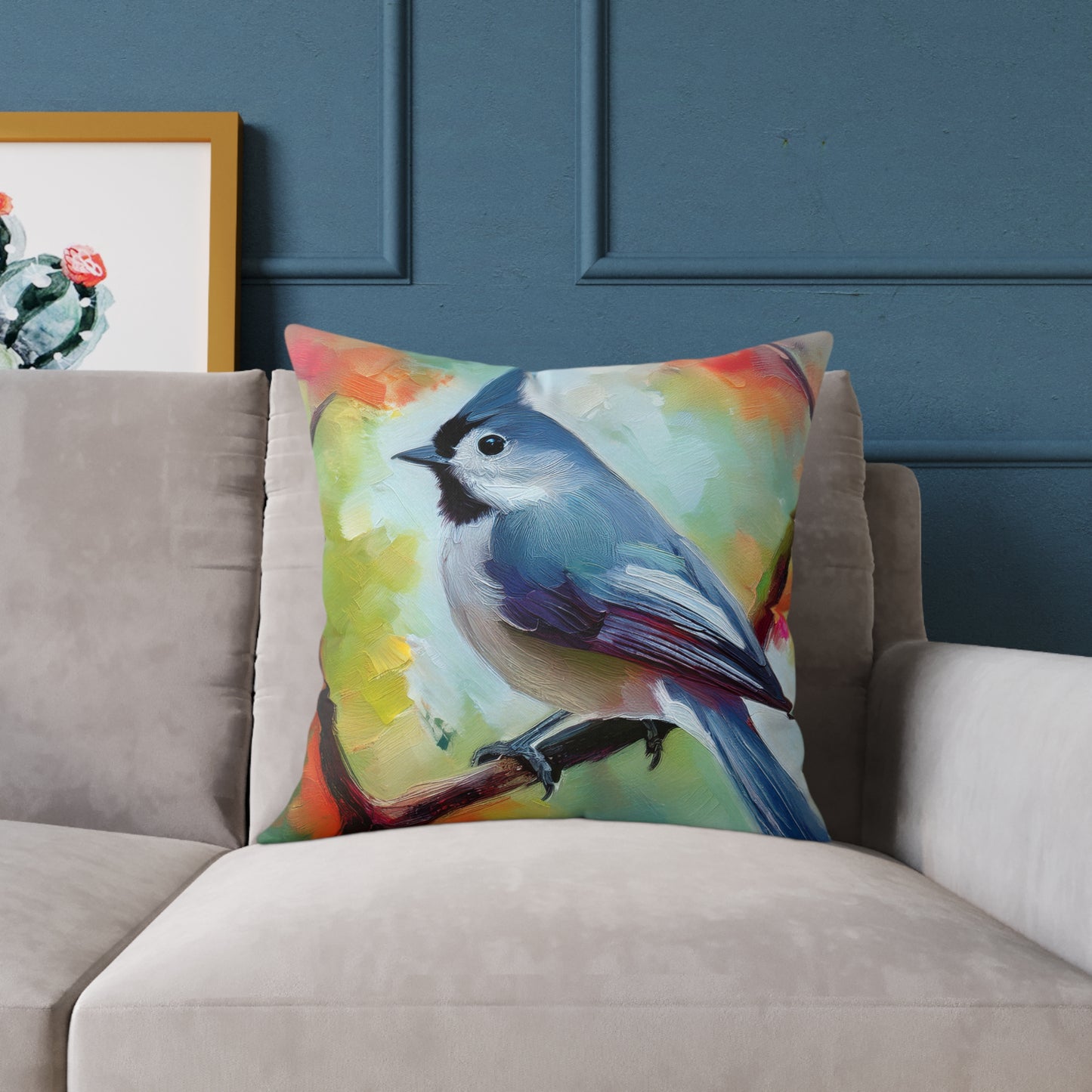 Grey Tufted Titmouse Vibrant Bird Art Throw Pillow, Nature Decor Cushion, Cozy Home Accent, Ideal Gift for Bird Lovers, Living Room or Bedroom Decoration