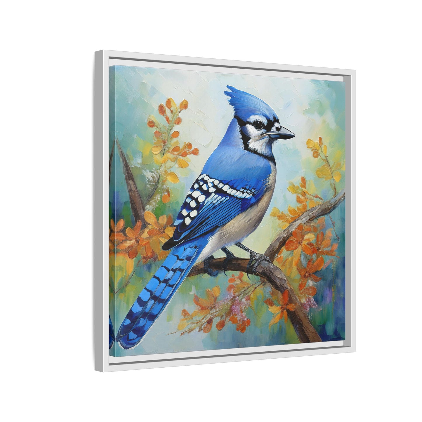 Blue Jay Bird Oil Painting Framed Canvas for Bird Lovers Home Decor, Indoor Wall Art, Wall Print, Bird Art, Living Room Wall Art