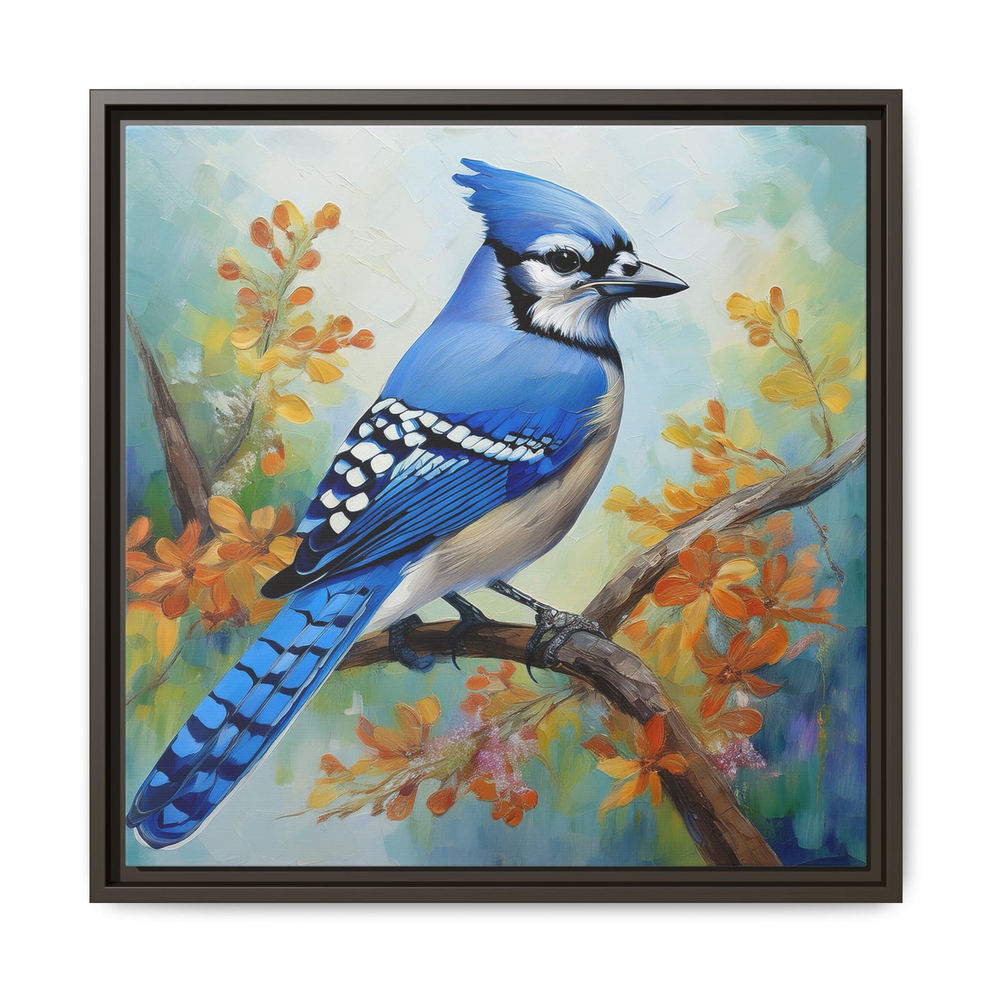 Blue Jay Bird Oil Painting Framed Canvas for Bird Lovers Home Decor, Indoor Wall Art, Wall Print, Bird Art, Living Room Wall Art
