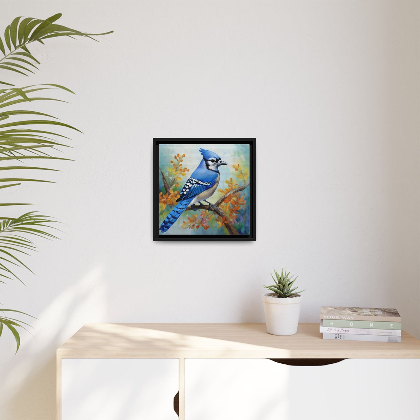 Blue Jay Bird Oil Painting Framed Canvas for Bird Lovers Home Decor, Indoor Wall Art, Wall Print, Bird Art, Living Room Wall Art