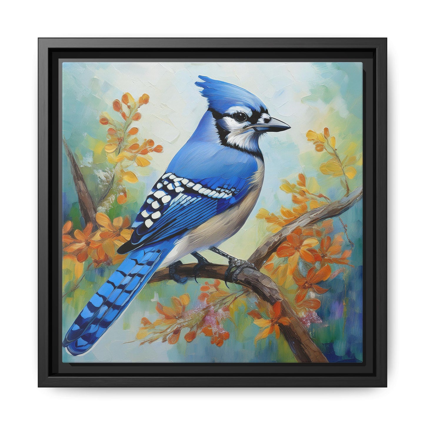 Blue Jay Bird Oil Painting Framed Canvas for Bird Lovers Home Decor, Indoor Wall Art, Wall Print, Bird Art, Living Room Wall Art