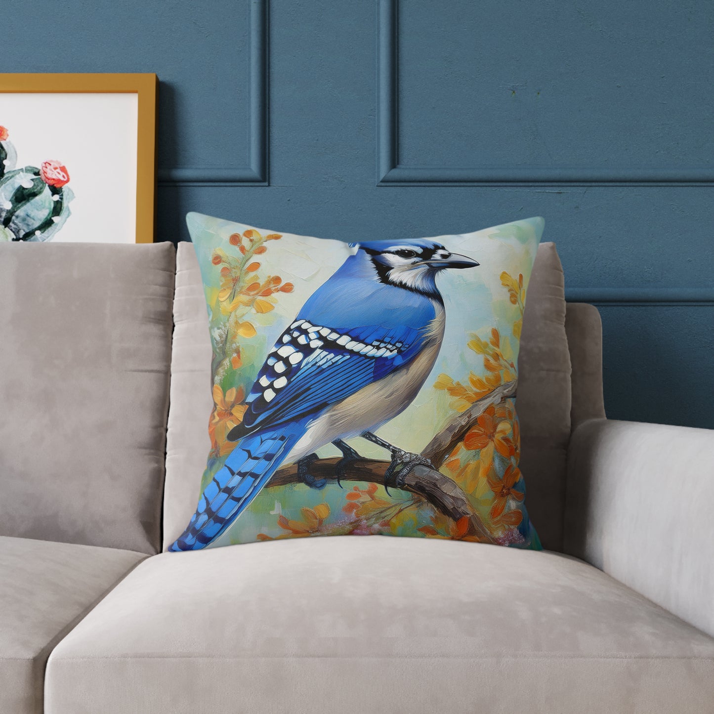 Vibrant Blue Jay Bird Throw Pillow, Nature Decor, Home Accent, Gift for Bird Lovers, Cozy Living Room Cushion