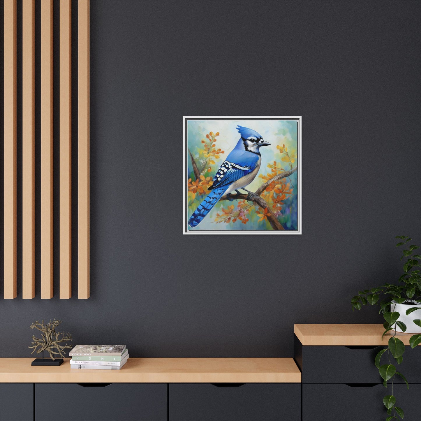 Blue Jay Bird Oil Painting Framed Canvas for Bird Lovers Home Decor, Indoor Wall Art, Wall Print, Bird Art, Living Room Wall Art