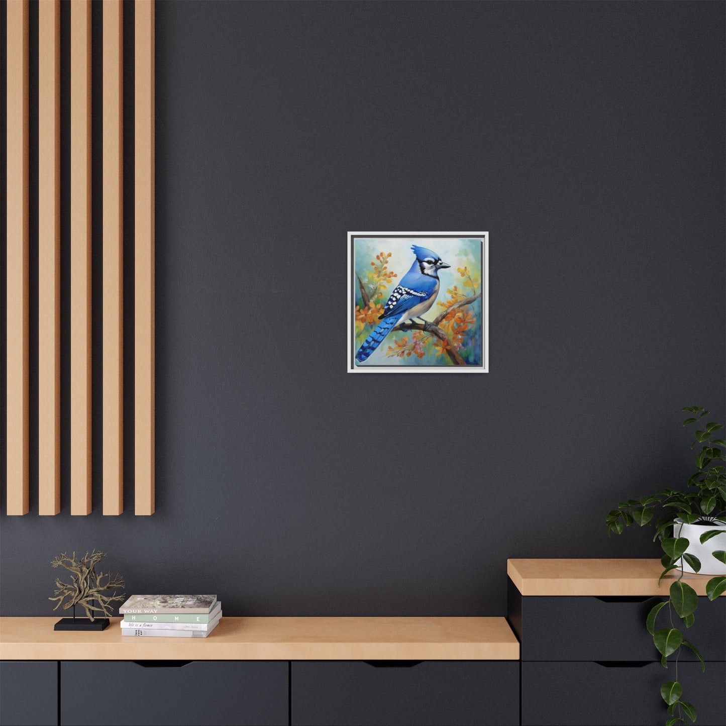 Blue Jay Bird Oil Painting Framed Canvas for Bird Lovers Home Decor, Indoor Wall Art, Wall Print, Bird Art, Living Room Wall Art