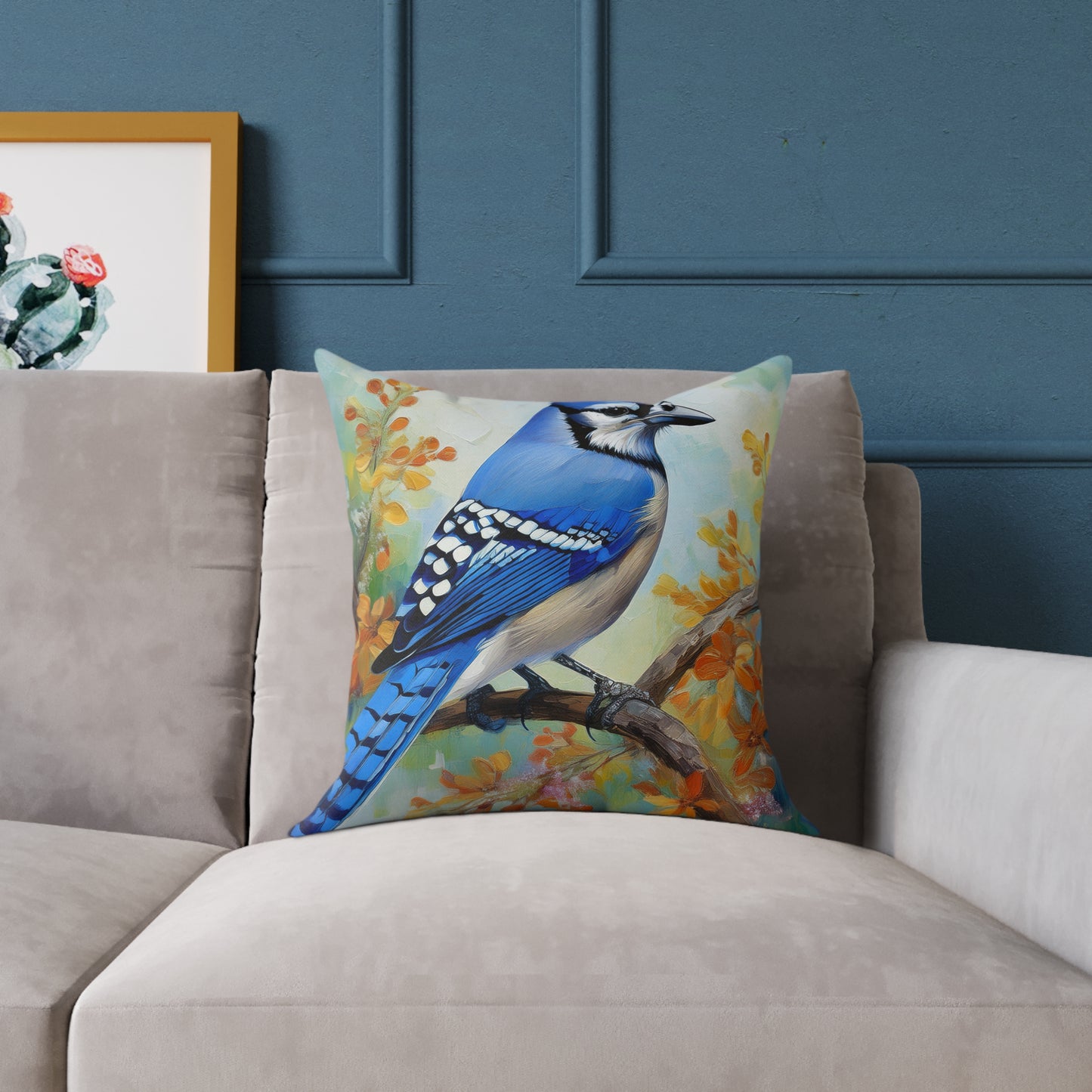 Vibrant Blue Jay Bird Throw Pillow, Nature Decor, Home Accent, Gift for Bird Lovers, Cozy Living Room Cushion