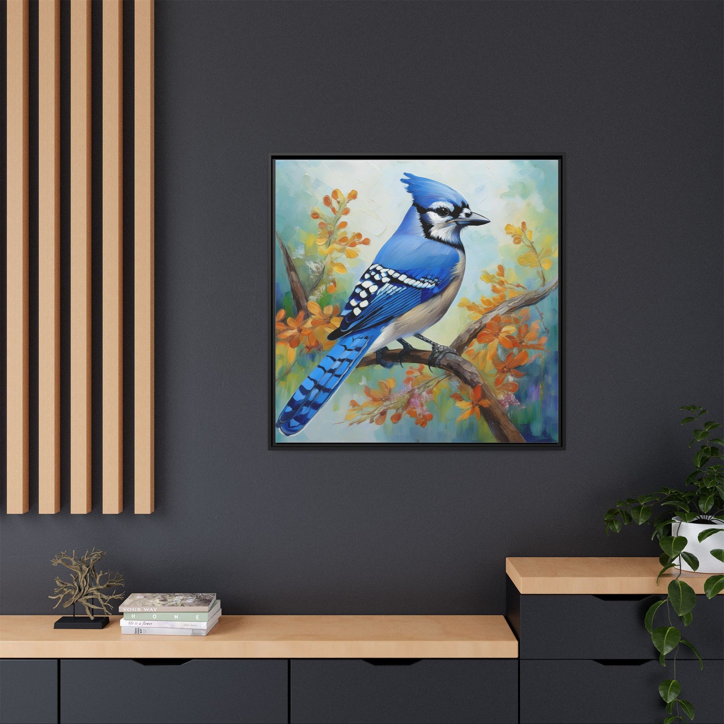 Blue Jay Bird Oil Painting Framed Canvas for Bird Lovers Home Decor, Indoor Wall Art, Wall Print, Bird Art, Living Room Wall Art