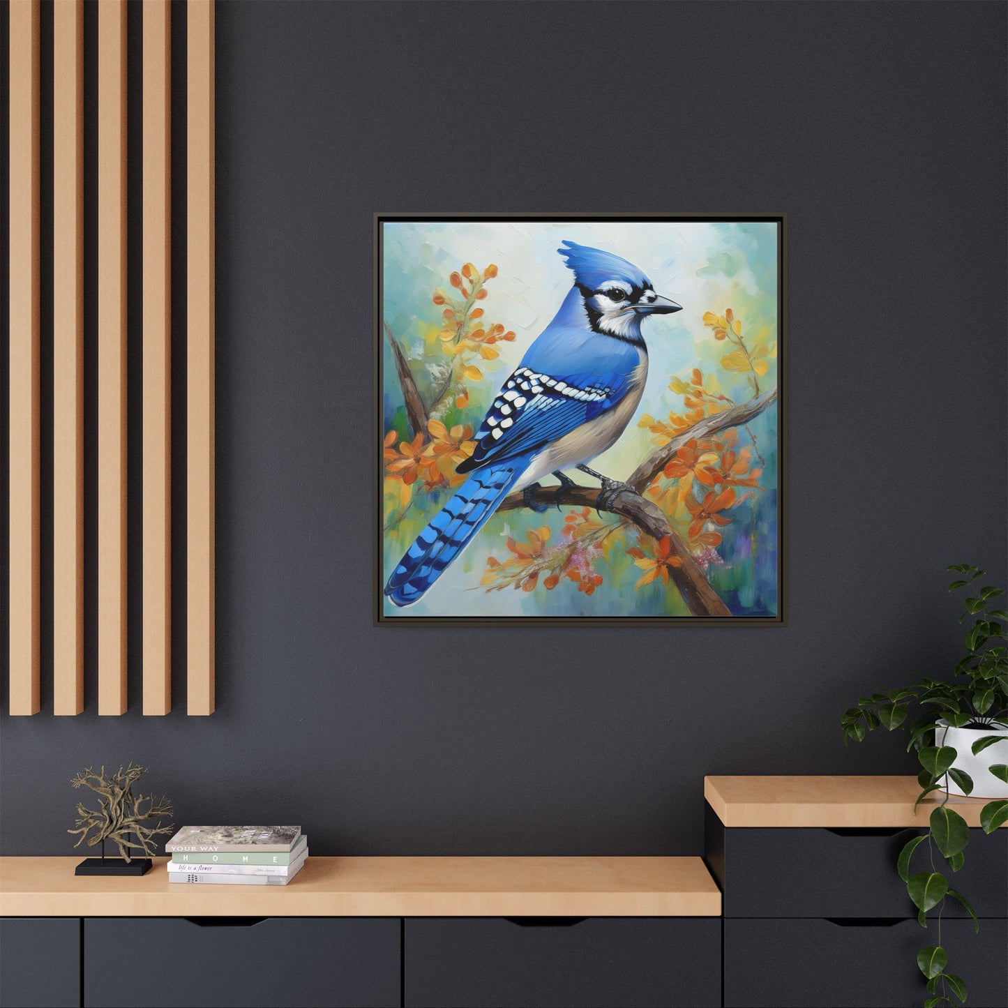 Blue Jay Bird Oil Painting Framed Canvas for Bird Lovers Home Decor, Indoor Wall Art, Wall Print, Bird Art, Living Room Wall Art