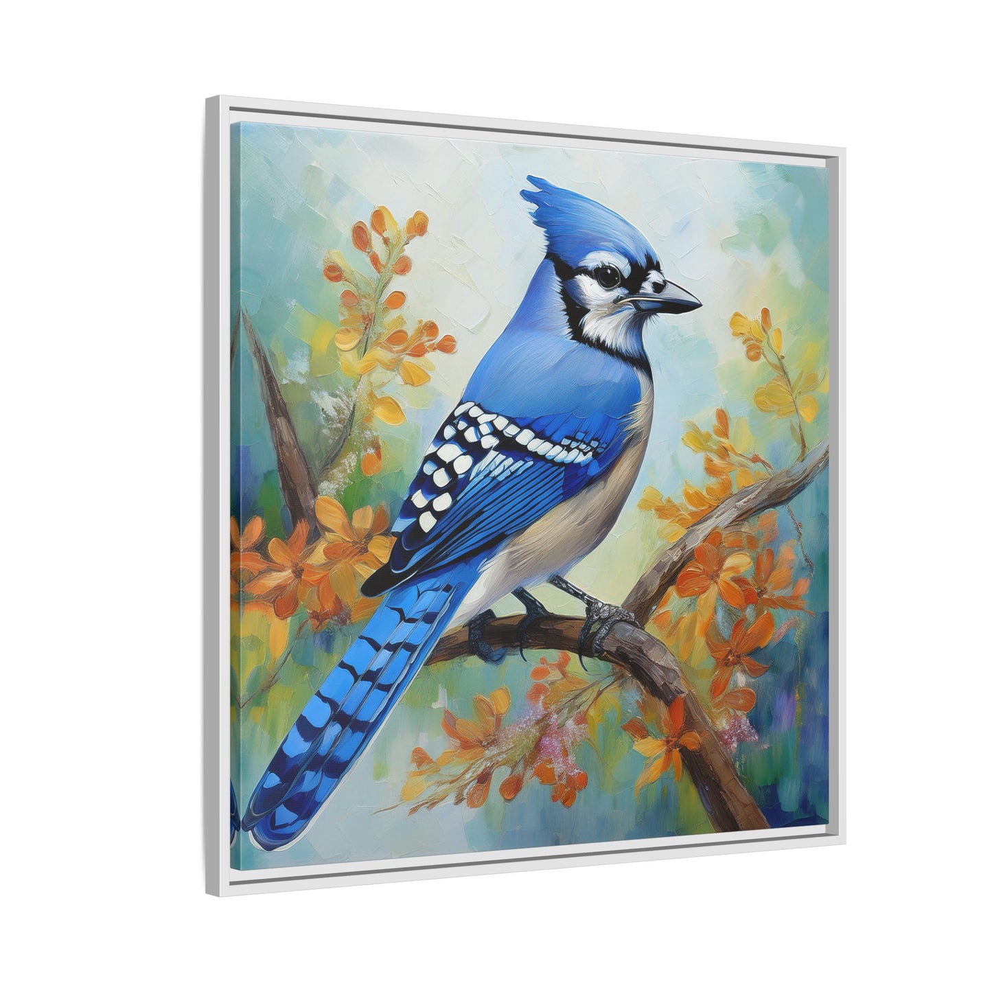 Blue Jay Bird Oil Painting Framed Canvas for Bird Lovers Home Decor, Indoor Wall Art, Wall Print, Bird Art, Living Room Wall Art