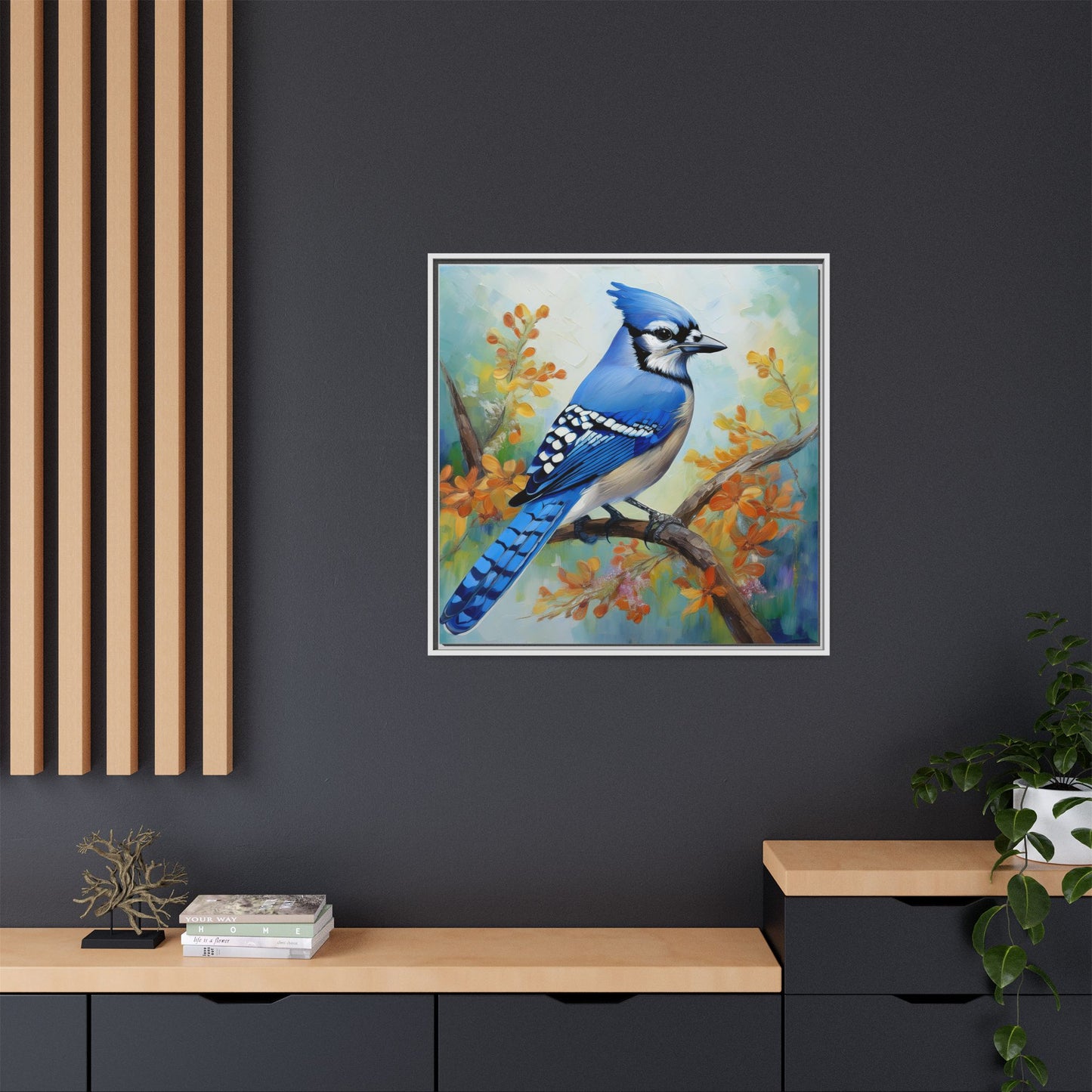 Blue Jay Bird Oil Painting Framed Canvas for Bird Lovers Home Decor, Indoor Wall Art, Wall Print, Bird Art, Living Room Wall Art