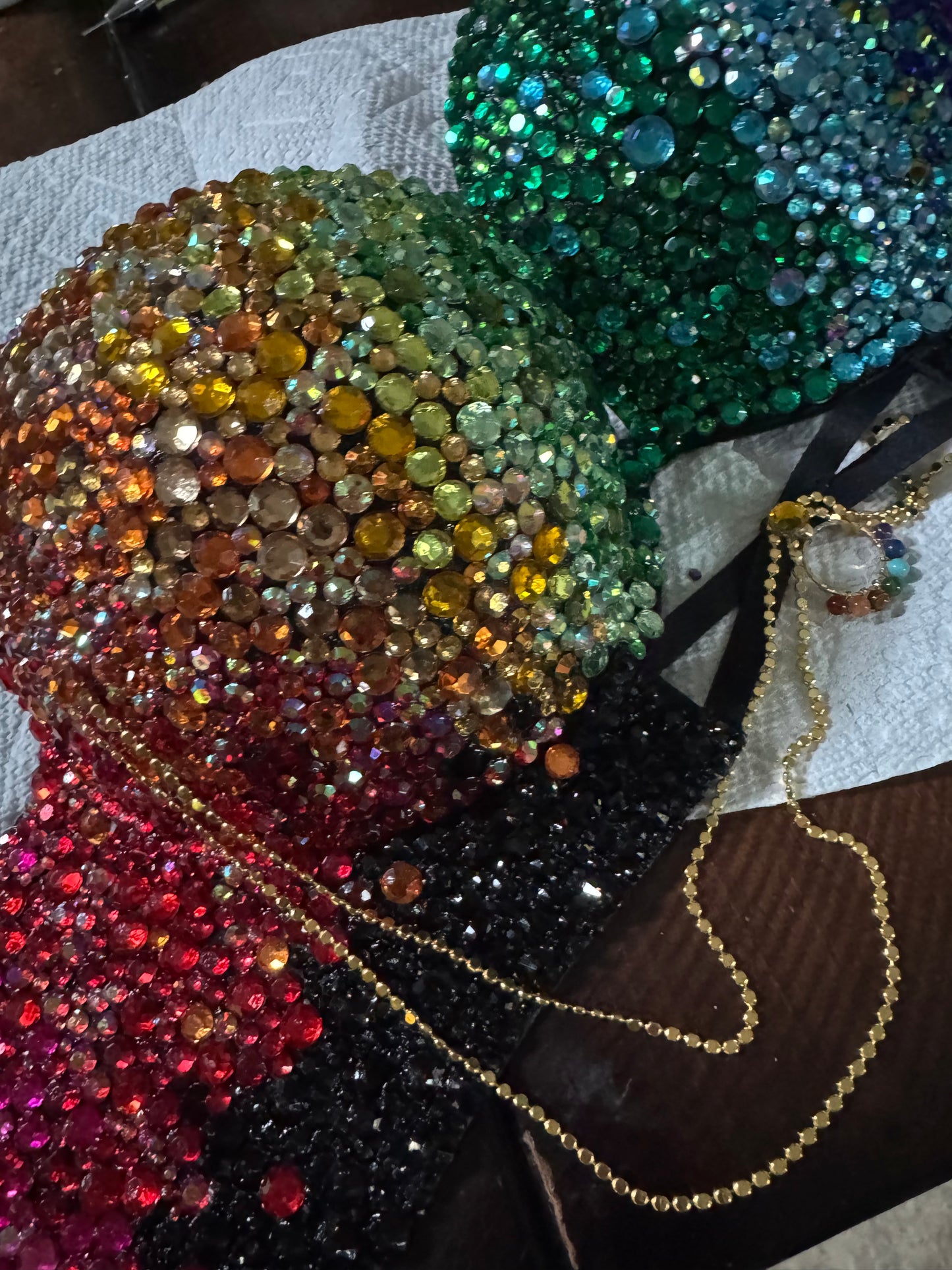 Custom Handmade Rainbow Ombre Rhinestone Festival Corset Bra, Sparkle Rave Top, Mermaid Peacock Costume, EDM Pride Outfit with Chains