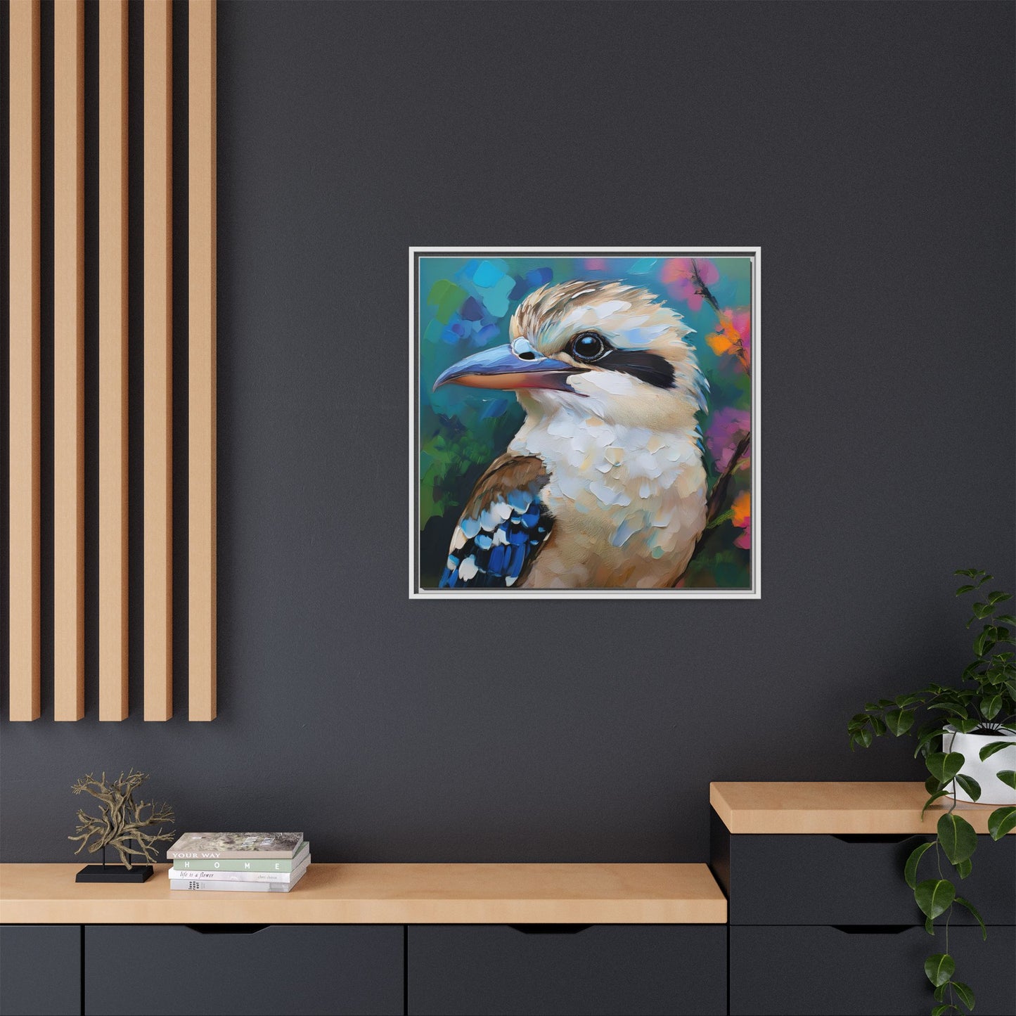 Kookaburra Australian Bird Oil Painting Framed Canvas Wall Art Print - Square Frame, Gallery Wrap, Bird Art, Home Decor, Gift for Bird